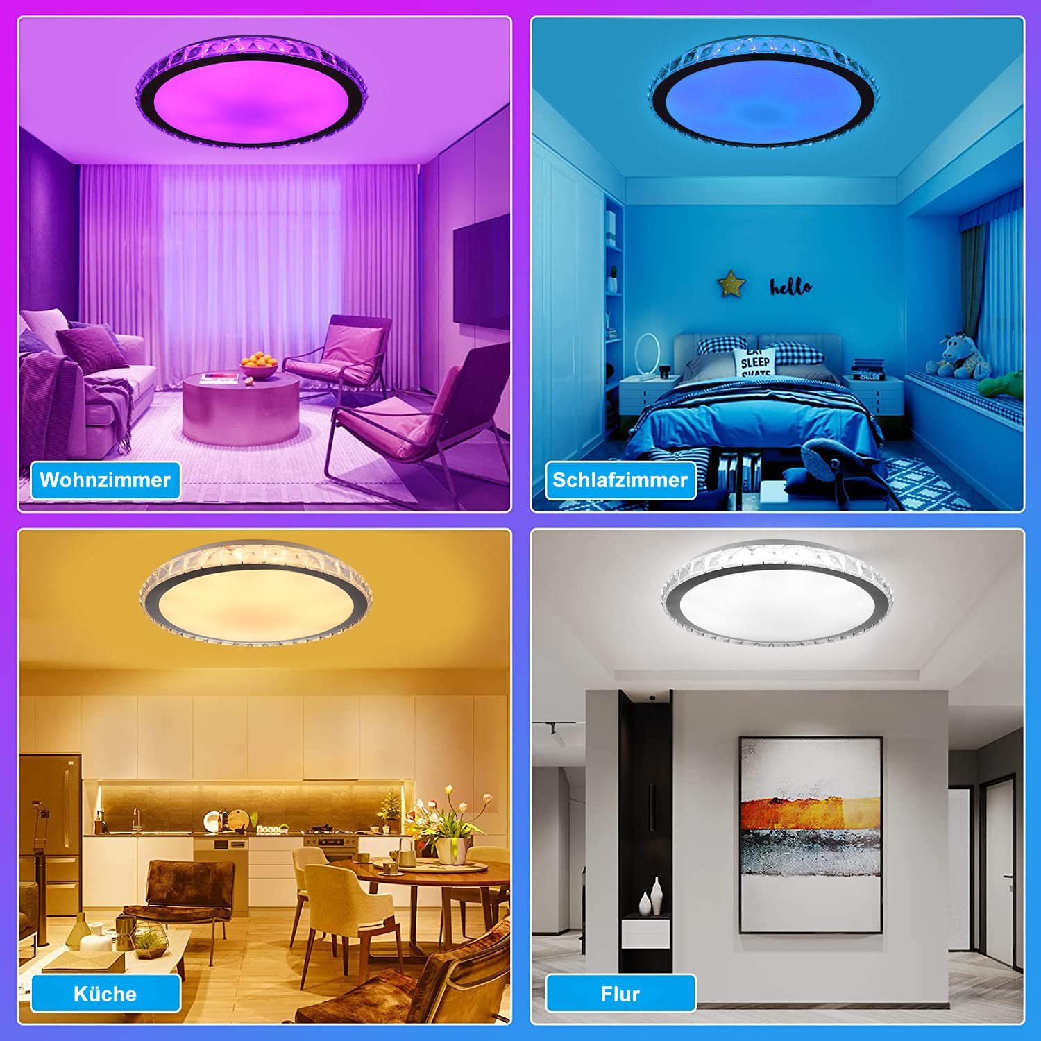 Kaltweiß, Küche oder für mit Wohnzimmer RGB APP-Steuerung, Ø33cm 6cm & Neutralweiß x Deckenleuchte Kristall Sternenhimmel LED LETGOSPT (mit Deckenleuchte WIFI+Fernbedienung) fest LED RGB+Warmweiß 36W & Lampen, Fernbedienung Dimmbar integriert, Deckenlampe,