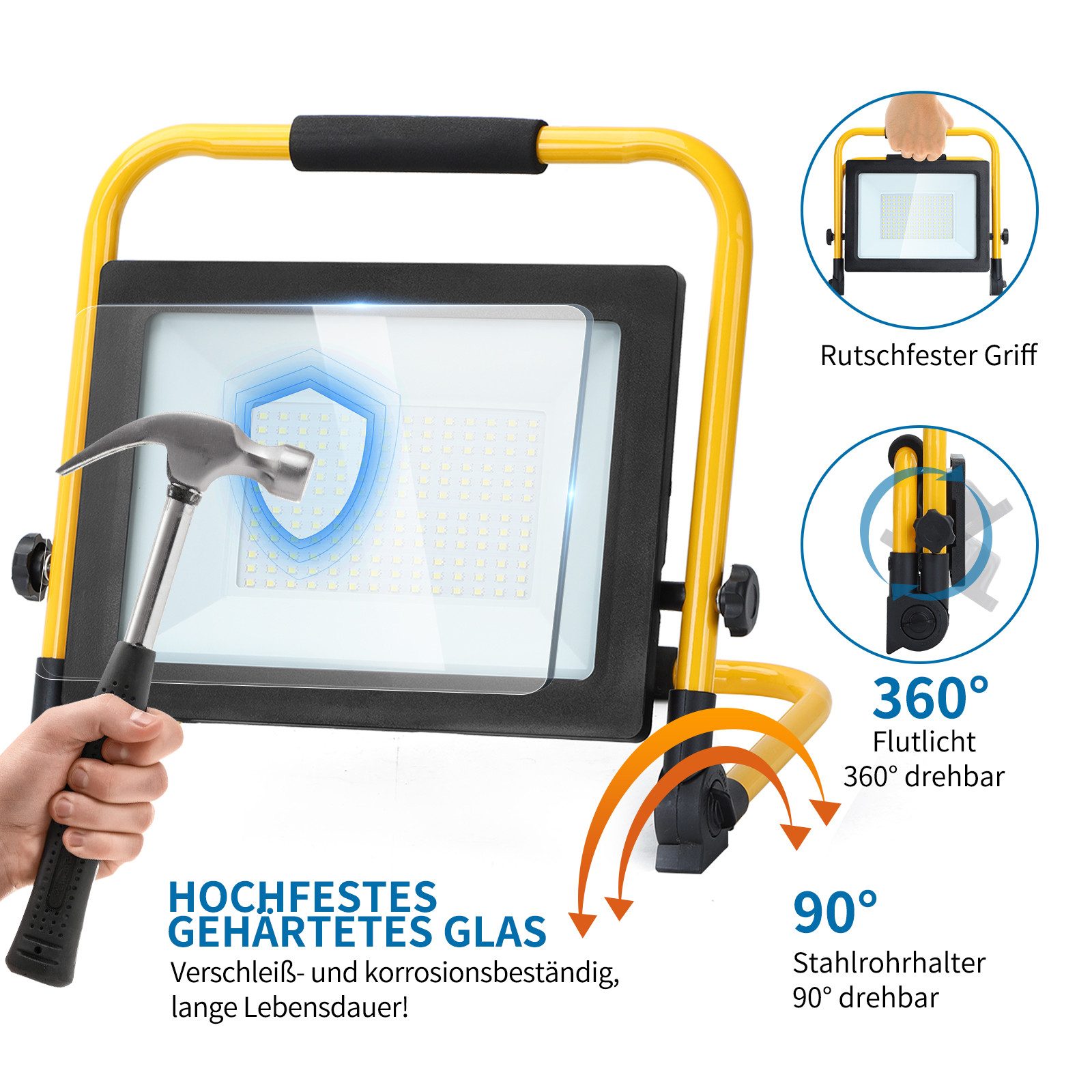 Aigostar LED Baustrahler LED Baustrahler 100W 8800LM, LED Arbeitsleuchte mit Stecker, 6500K, LED fest integriert