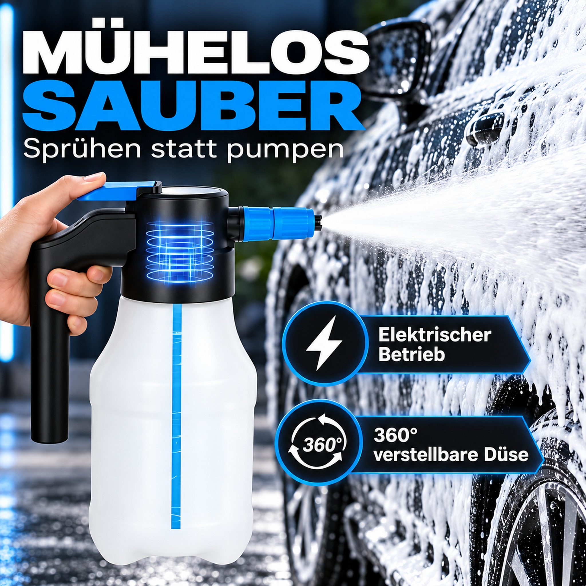 HS.SUPPLY Akku-Drucksprühgerät elektrischer Foam Sprayer, elektrischer Schaumsprüher, Auto Detailing, Mit Überdruckventil, Füllstandsanzeige & verstellbarer Düs – Bild 3 von 5