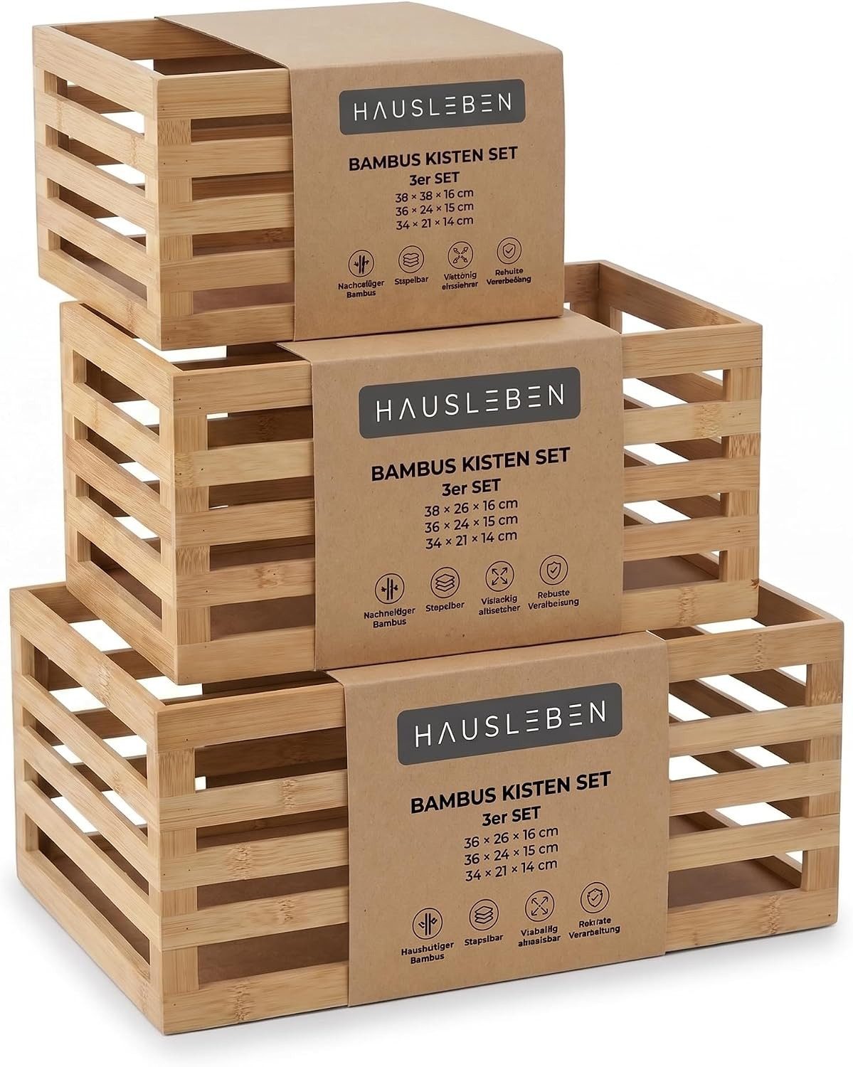 hausleben Aufbewahrungsbox Bambus Kisten Set 3er Holzboxen für Wohnen & Aufbewahrung (Set, 3 St., 3er-Set), Dekorative Ordnungshelfer mit natürlicher Eleganz