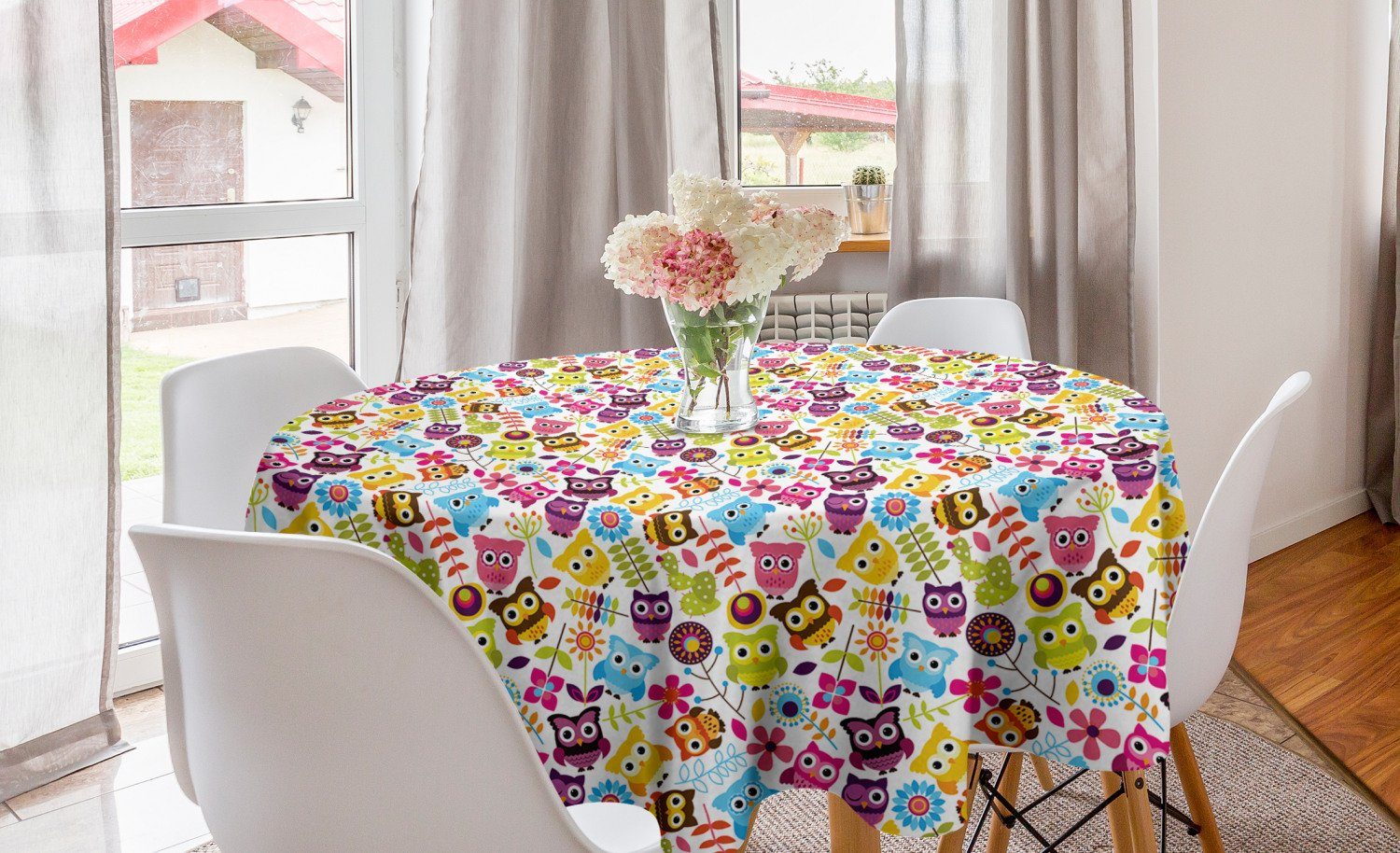 Abakuhaus Tischdecke Kreis Tischdecke Abdeckung für Esszimmer Küche Dekoration, Kindergarten Bunte Eulen und Blumen | Tischdecken