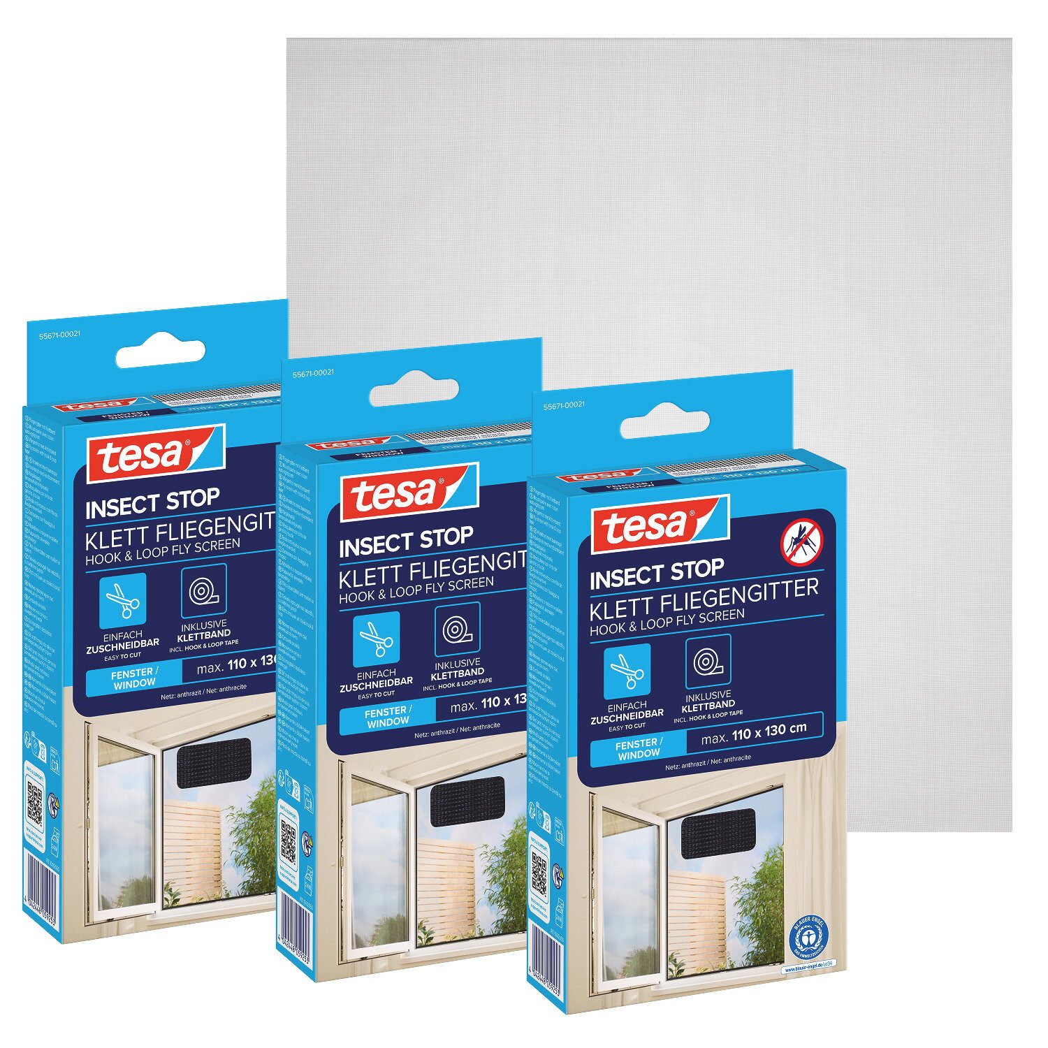 tesa Fliegengitter-Gewebe, (Spar-Set, 3-St., 3 x Fliegen Netz - 110 cm x 130 cm - Anthrazit (Durchsichtig), mit Klettband, zuschneidbar - Mückenschutz ohne Bohren