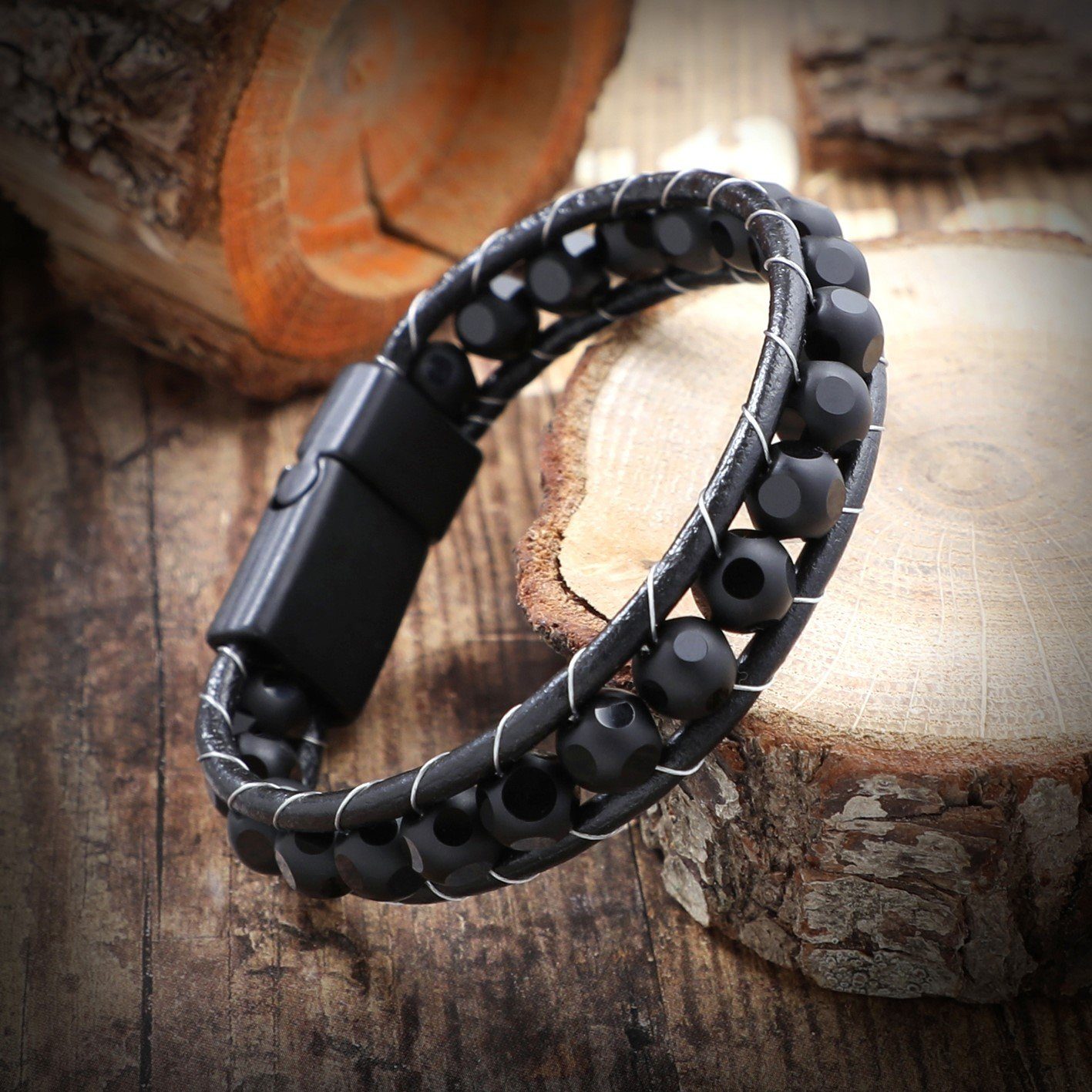 sicheres für Armband verschließen Schmuckbox), Herren Magnetverschluss (inklusive Lederarmband Schwarz Lederarmband Onyx aus NAHLE ein mit Echtleder,