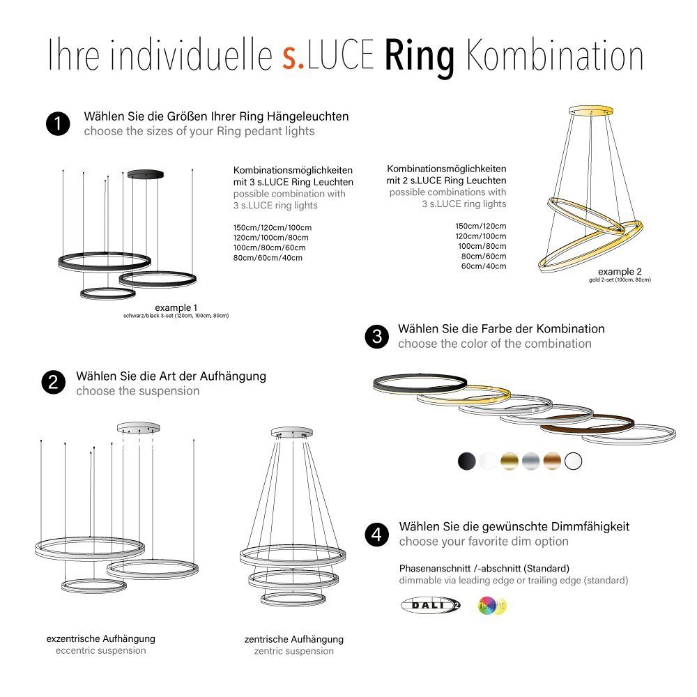 s.luce Pendelleuchte LED Phasenanschnitt/-abschnitt Warmweiß 2-flammig Dimmbar mit 3-flammig Aluminium, (Dimmschalter), Ring-Kombination oder