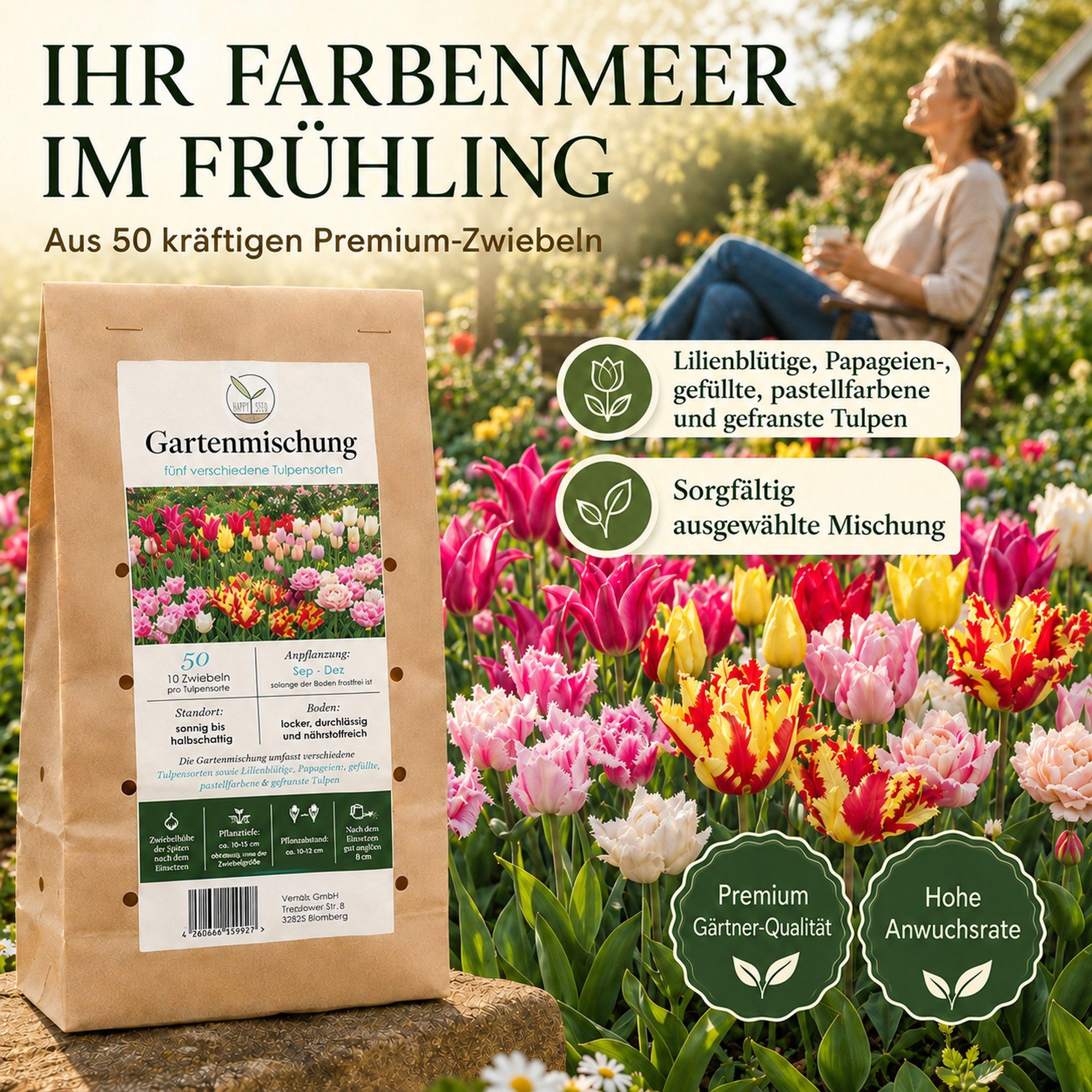 HappySeed Blumenzwiebeln 50 Stk, Tulpen & Frühlingsblüher, verschiedene Sorten, (Gartenmischung, 50-St), Gartenmischung – Bild 2 von 5