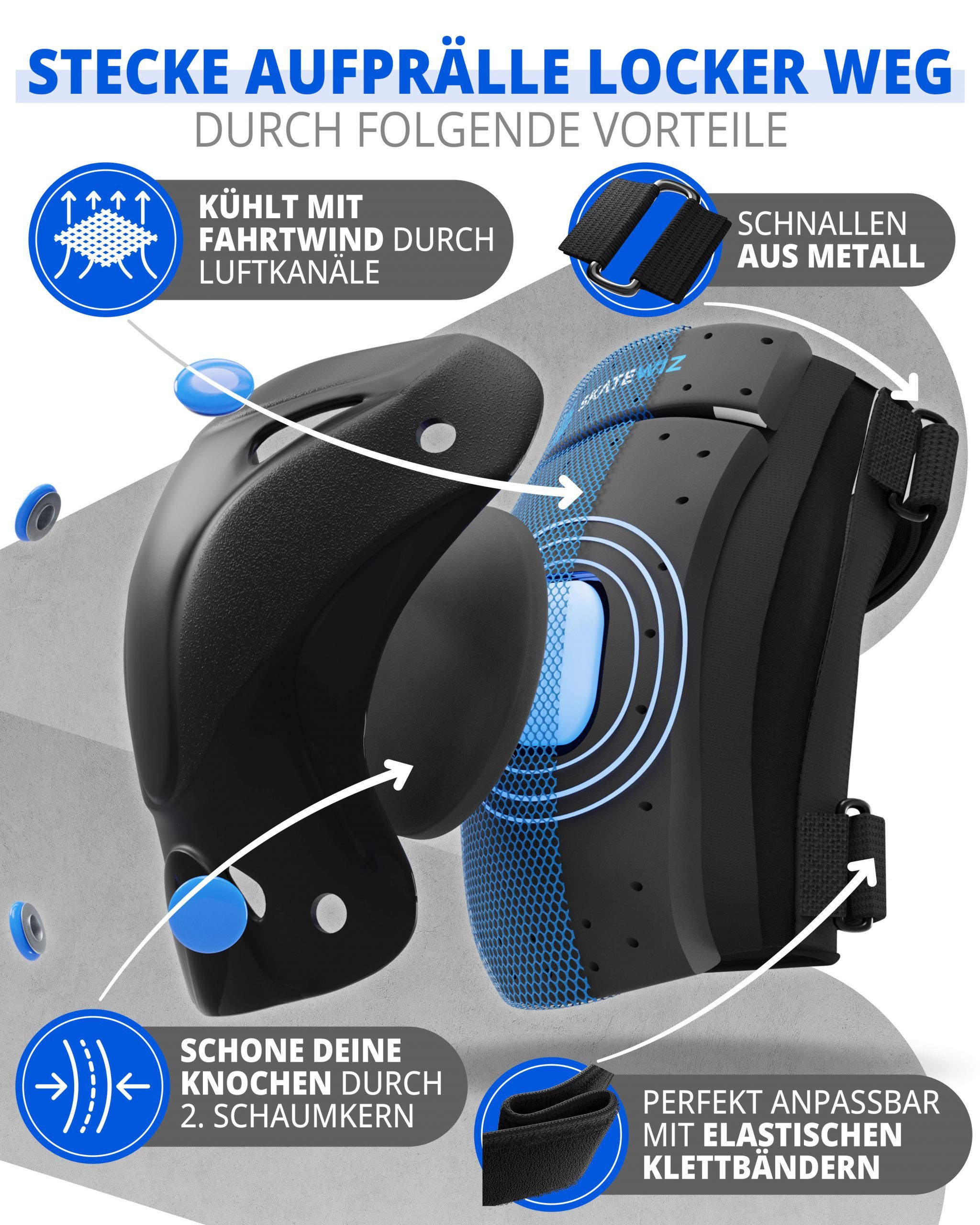 SKATEWIZ Protektoren-Set Schützer Skateboard ab 8 Jahre Protektoren Kinder und Erwachsene (Inline Skate Schonerset, 6-tlg., Knieschoner Geschenke für Kinder - I – Bild 4 von 5