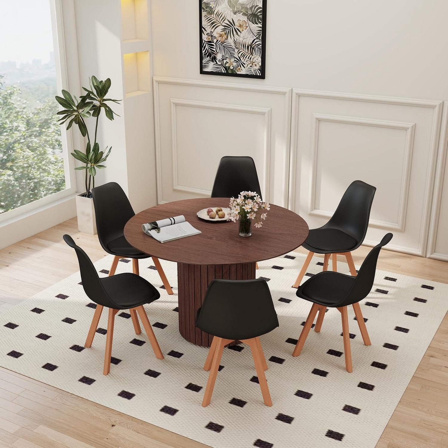 LuxusKollektion Essgruppe Esstisch rund 120cm MDF Holzfuß 1 Tisch 6 Stühle Dunkelbraun Schwarz