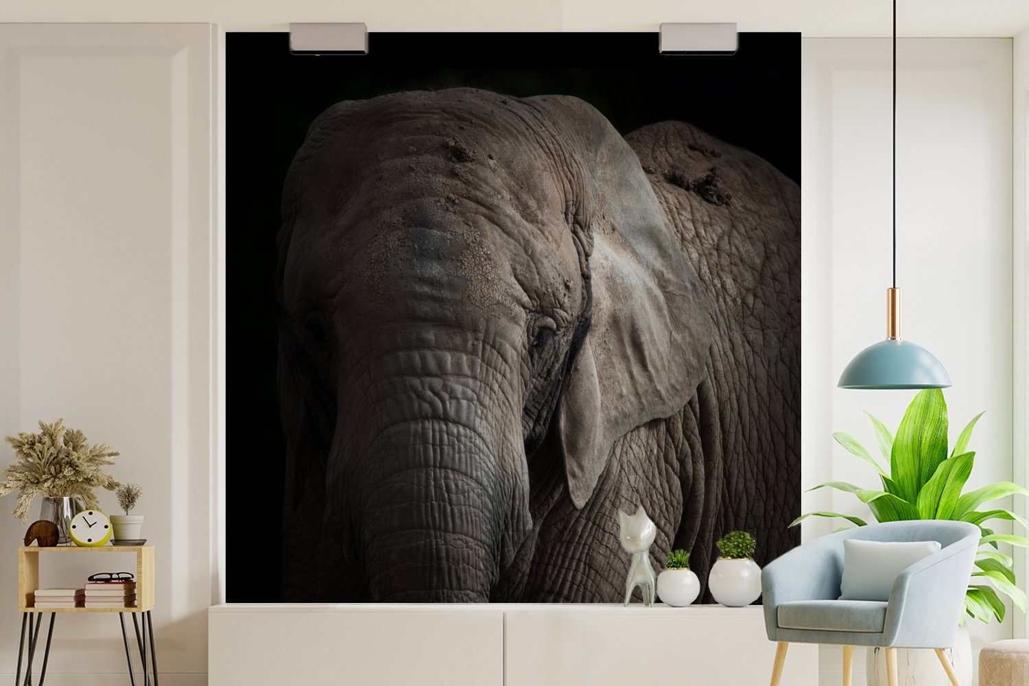Schlafzimmer Fototapete (4 Matt, Wohnzimmer MuchoWow - Vliestapete bedruckt, für - Porträt Schwarz, - Küche, Elefant St), Fototapete Tiere