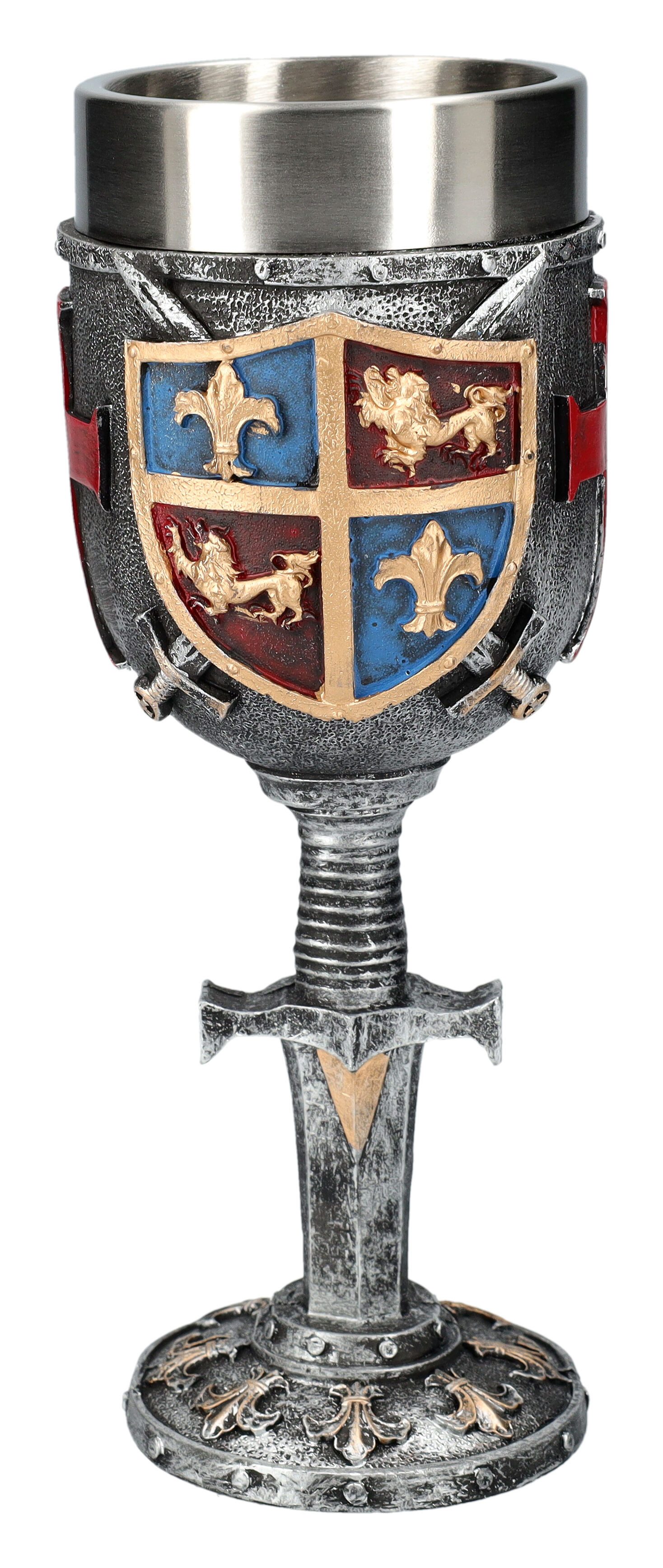 Figuren Shop GmbH Becher Kelch mit Ritterwappen - Heraldik - Mittelalter Mythologie Weinkelch, Kunststein (Polyresin), Edelstahl