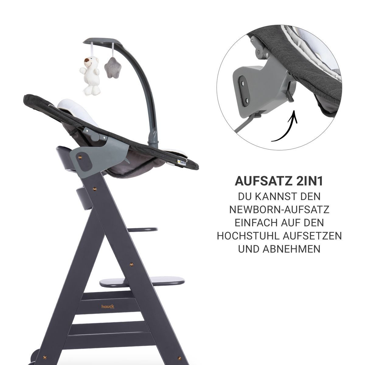 Hauck Hochstuhl Beta Plus Dark Grey - Newborn Set Deluxe, Holz Babystuhl ab Geburt, Aufsatz für Neugeborene, Sitzkissen, Tisch