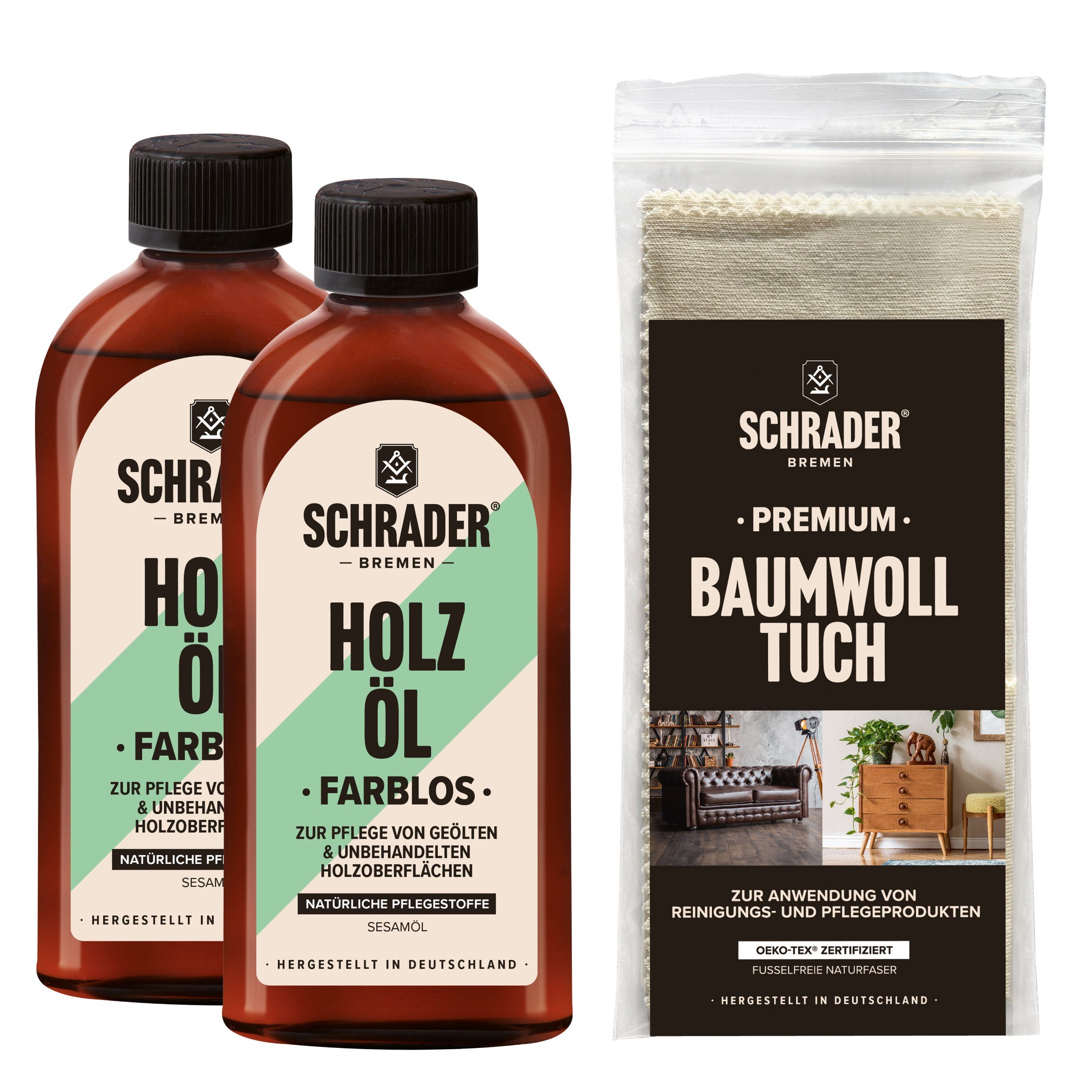Schrader Holzöl Set - 3-teilig -, farbloses Pflegeöl für Holzoberflächen - Made in Germany