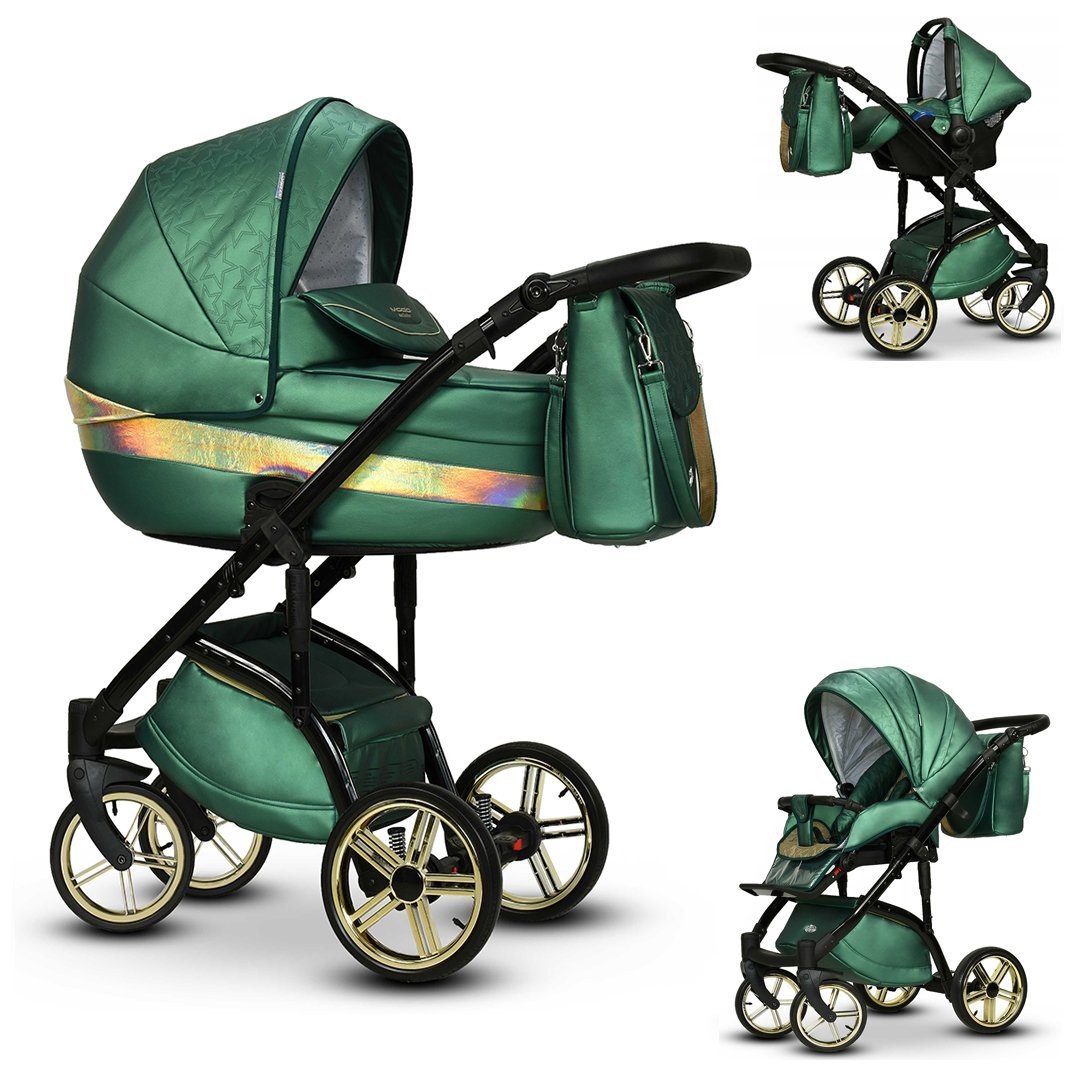 babies-on-wheels Kombi-Kinderwagen 3 in 1 Kinderwagen-Set Vip Lux - 12 Teile - in 16 Farben Grün-Gold-Dekor