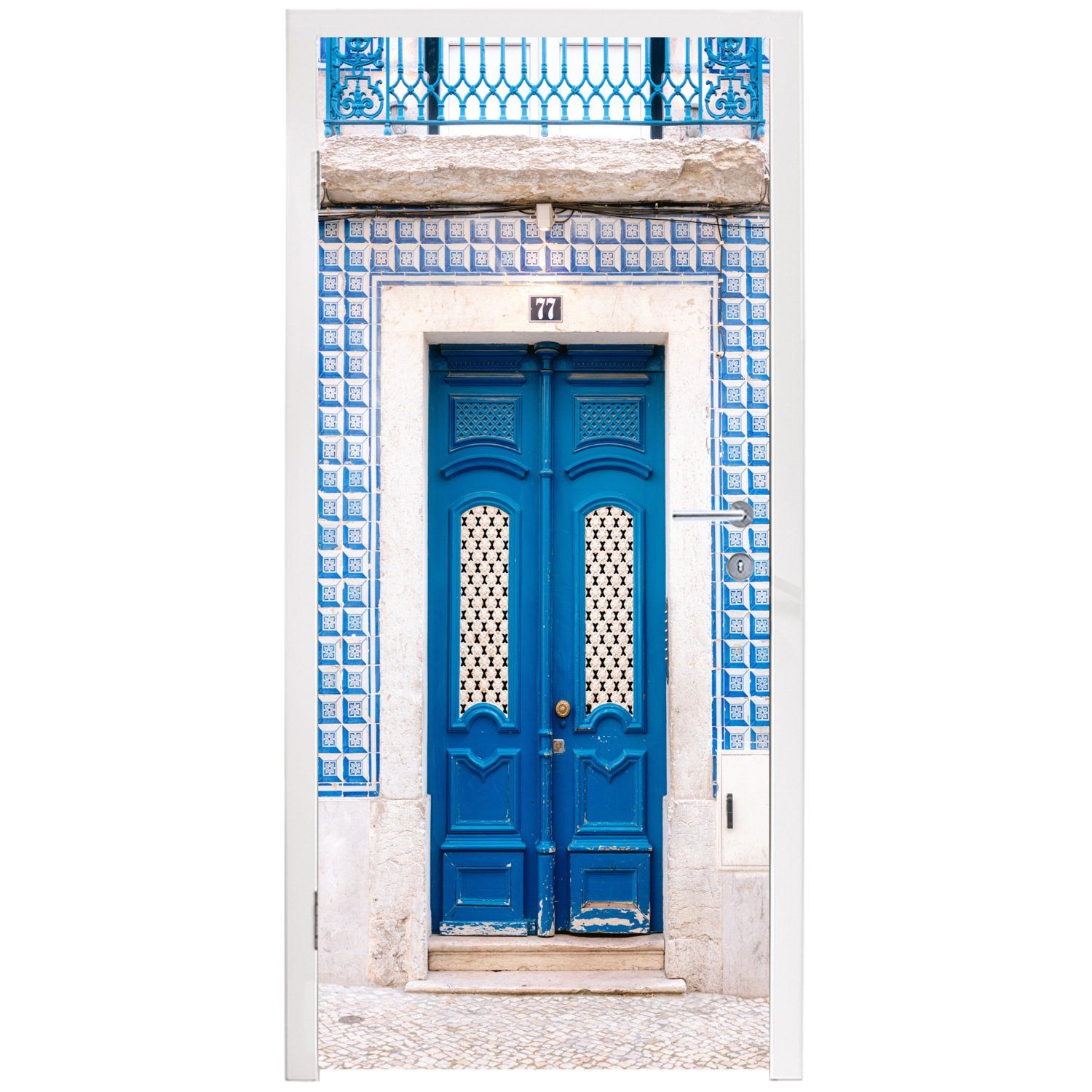 Fototapete bedruckt, - 75x205 Tür Tür, Architektur, für MuchoWow Blau Türtapete St), - Holz Matt, (1 cm Türaufkleber, -