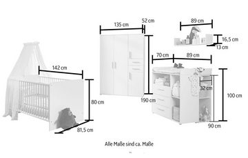 BMG Möbel Babyzimmer-Komplettset Lea, (Set, 6-St., Bett, Wickelkommode, Unterbauregal, Schrank, Wandboard), Bett + Wickelkommode + 2x Unterbauregal + 4-trg. Schrank + Wandboard