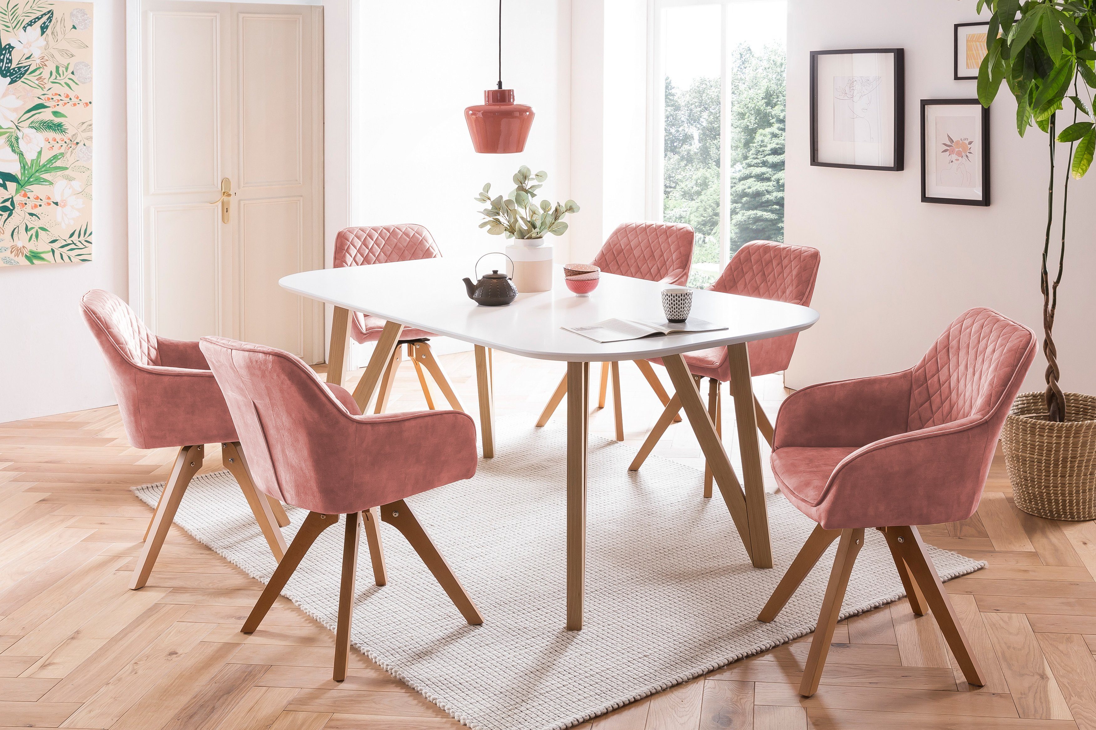 180° Samtverlours Stühle Essgruppe, cm, 180 Tischbreite mit drehbar, (5-tlg), SalesFever rosé
