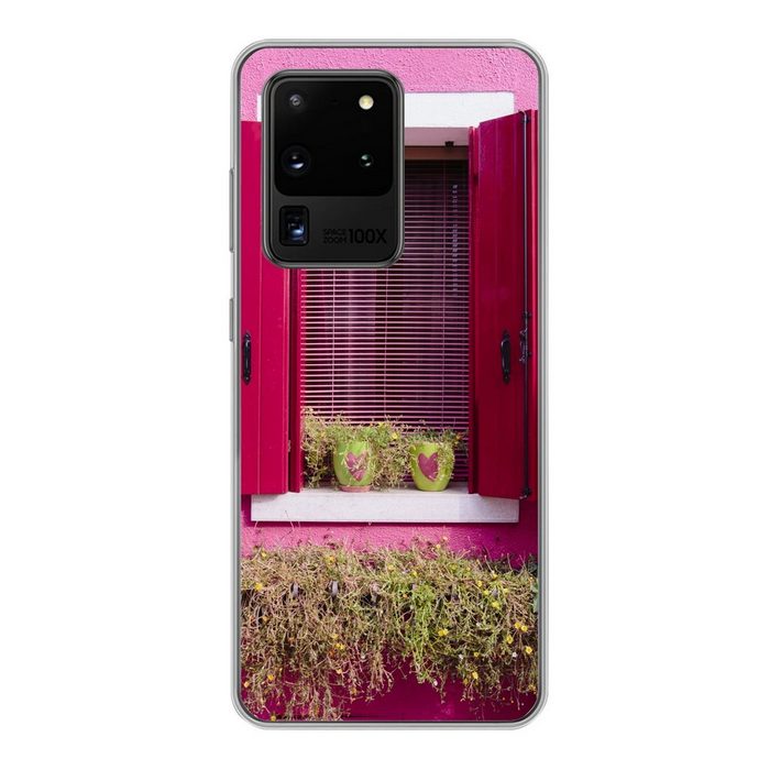 MuchoWow Handyhülle Blumentöpfe mit Herzen in einem Fenster mit rosa Fensterläden Phone Case Handyhülle Samsung Galaxy S20 Ultra Silikon Schutzhülle