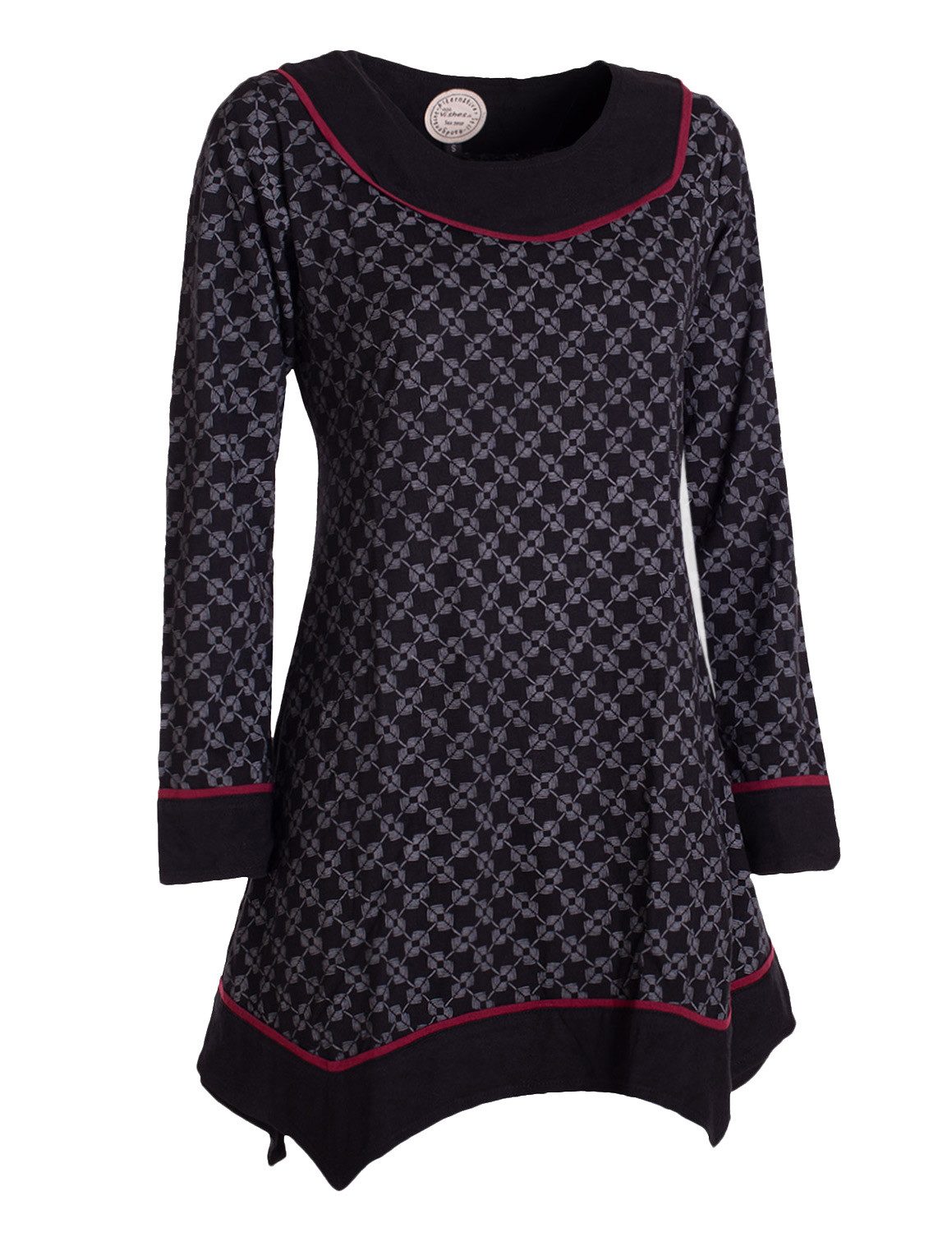 Vishes Tunikakleid Langarm Damen Tunika Shirt-Kleid Ethno Zipfel-Bluse Blusenkleid Elfen, Hippie, Boho Style