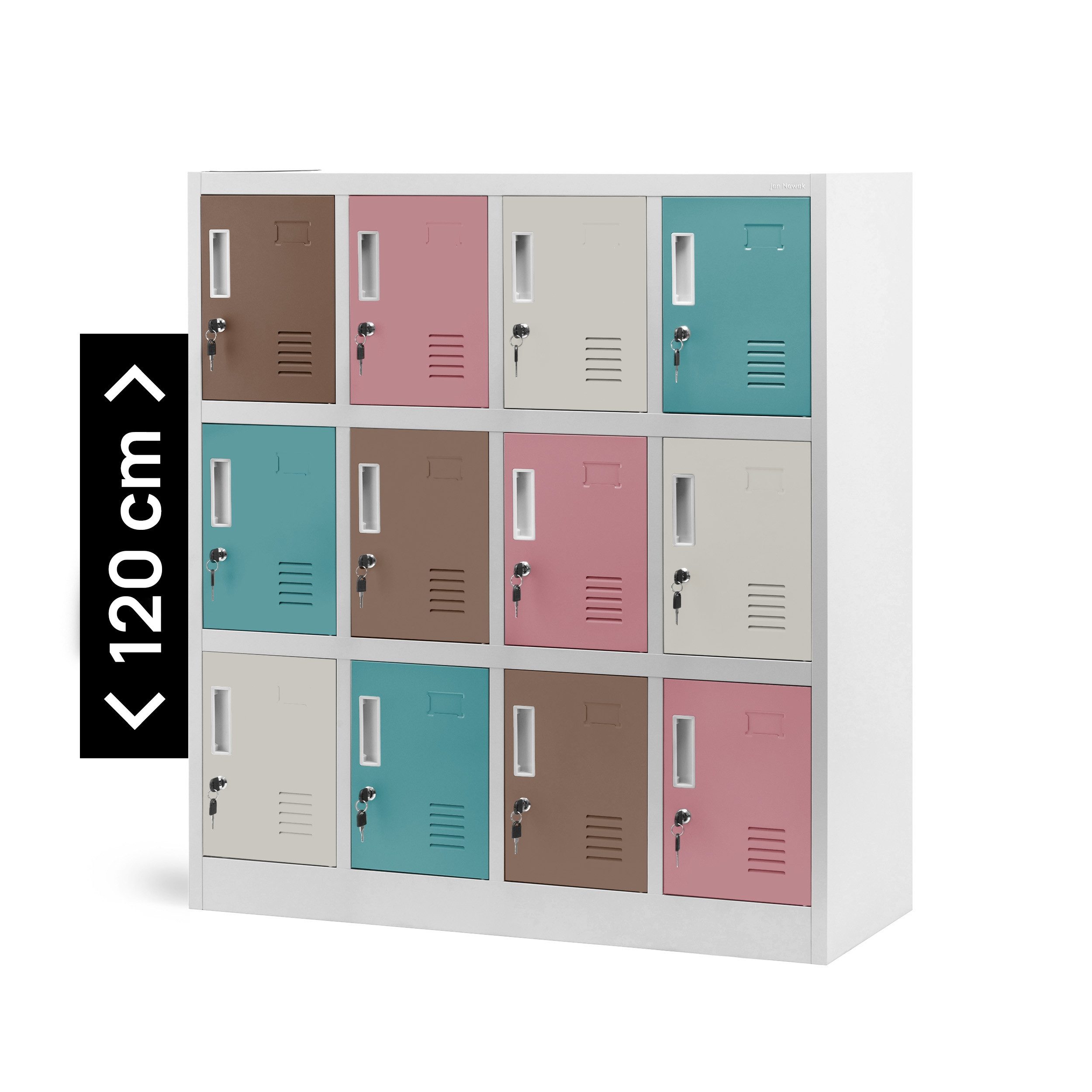Jan Nowak Mehrzweckschrank Metall Kindergartenspind OLA 109 cm 12 Fächer abschließbar bunt (Schulspind Kita Hort Vorschule Sportclub Kleiderstange Kinder, 0,6 mm 120 x 109 x 45 cm Lüftungsschlitze Wandmontage 20 kg) Namensschildhalter abgerundete Kanten Z