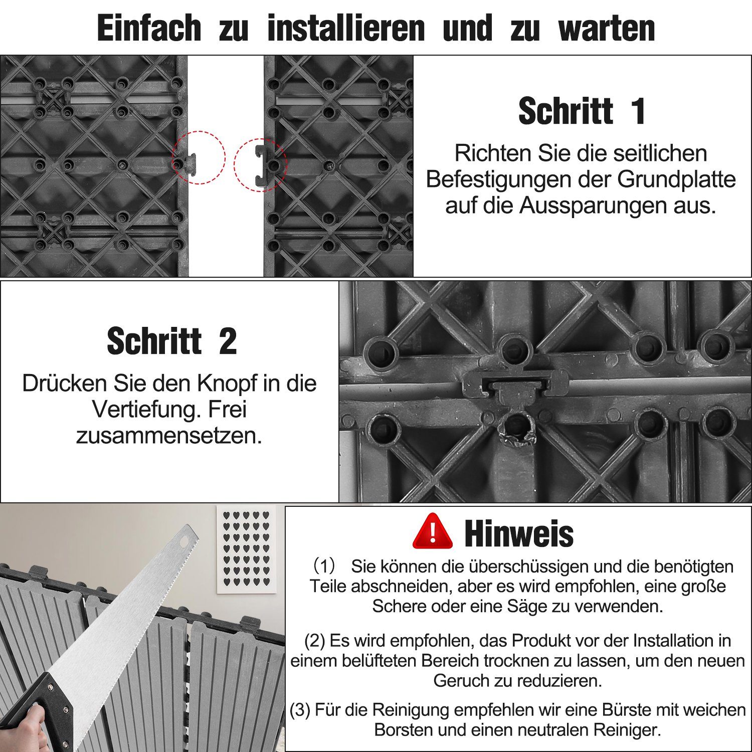 TolleTour Holzfliesen Terrassenfliesen und Bodenbelag 1m² mit Holzfliesen Anthrazit in für 30x30cm Balkon, Drainage Holzoptik Klicksystem Garten