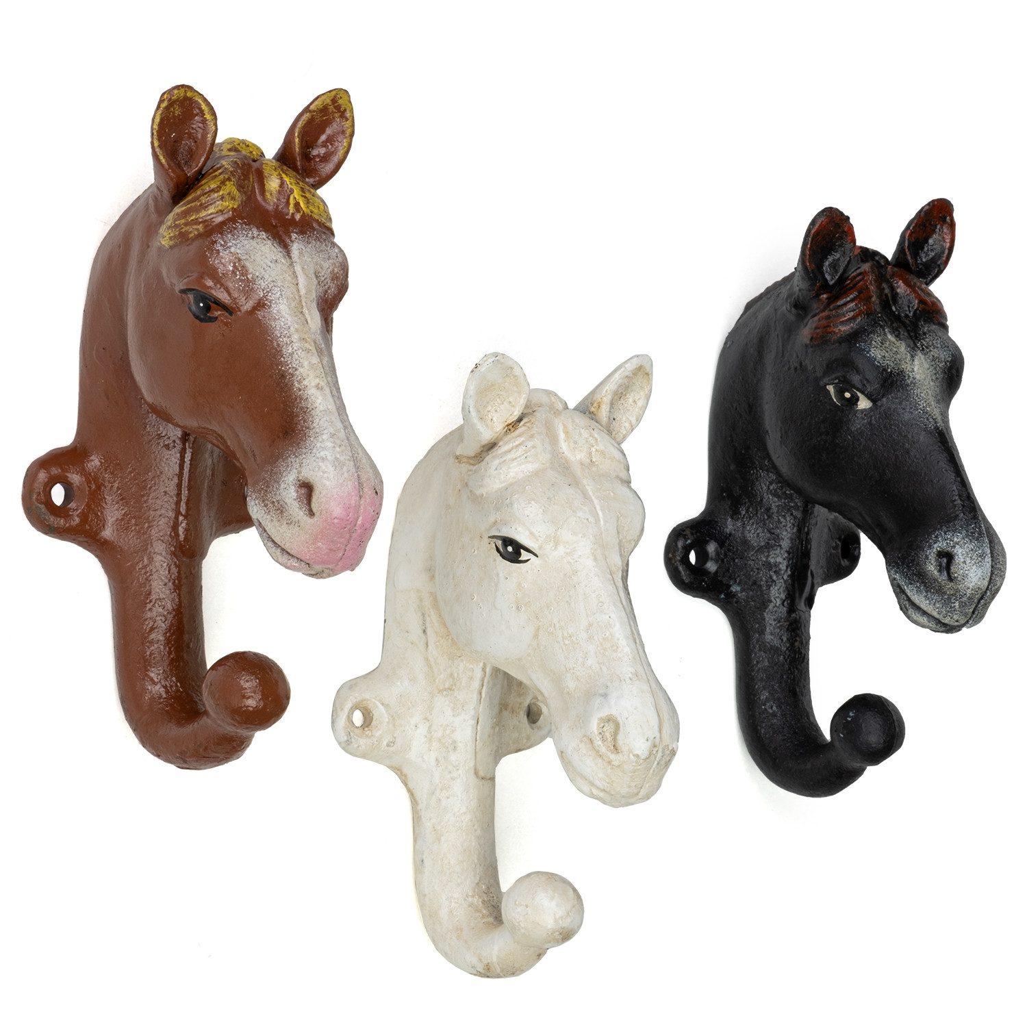 Moritz Wandgarderobe Pferdekopf Kleiderhaken Set 3er 12,5x5,5x7 cm, Pferdekopf Kleiderhaken Gusseisen Wandhaken Antik Vintage