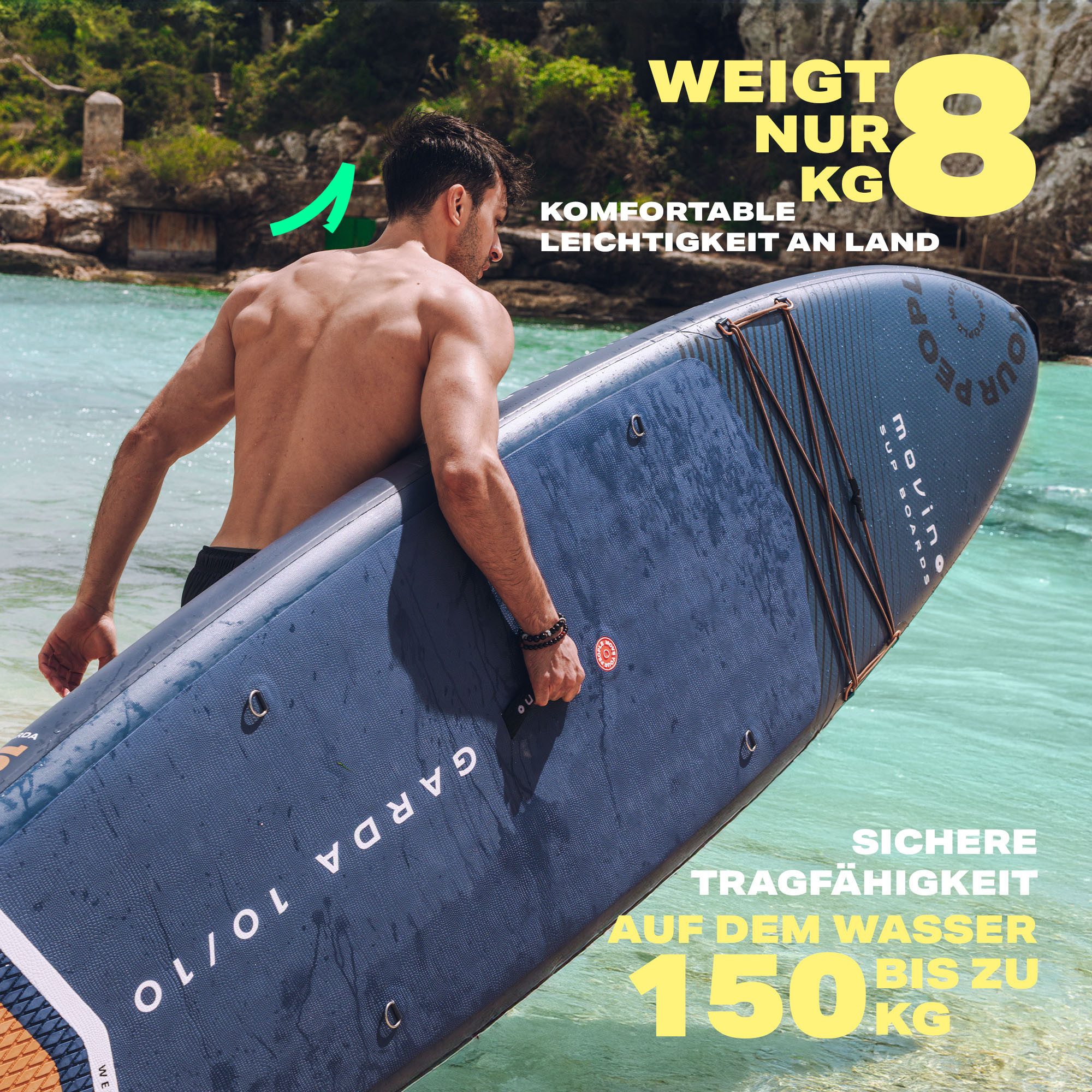Movino SUP-Board MOVINO GARDA 2in1 Set geschweißte Kanten Traglast 150 kg, All-Round, (Board, Rucksack, Pumpe, Leine, Finne, Paddel, Kajaksitz, Reparaturset) – Bild 5 von 5