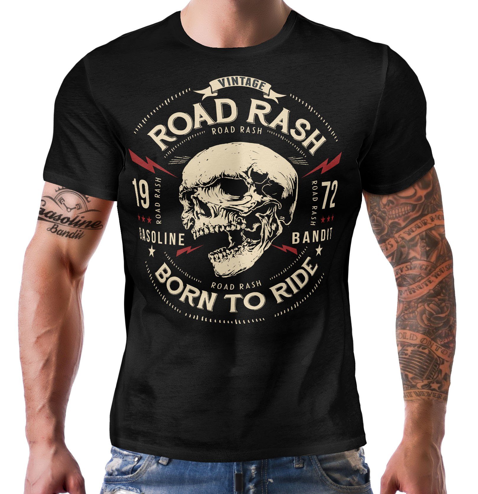 GASOLINE BANDIT® T-Shirt für Biker, Racer und Motorradfahrer: Road Rash - Born to Ride