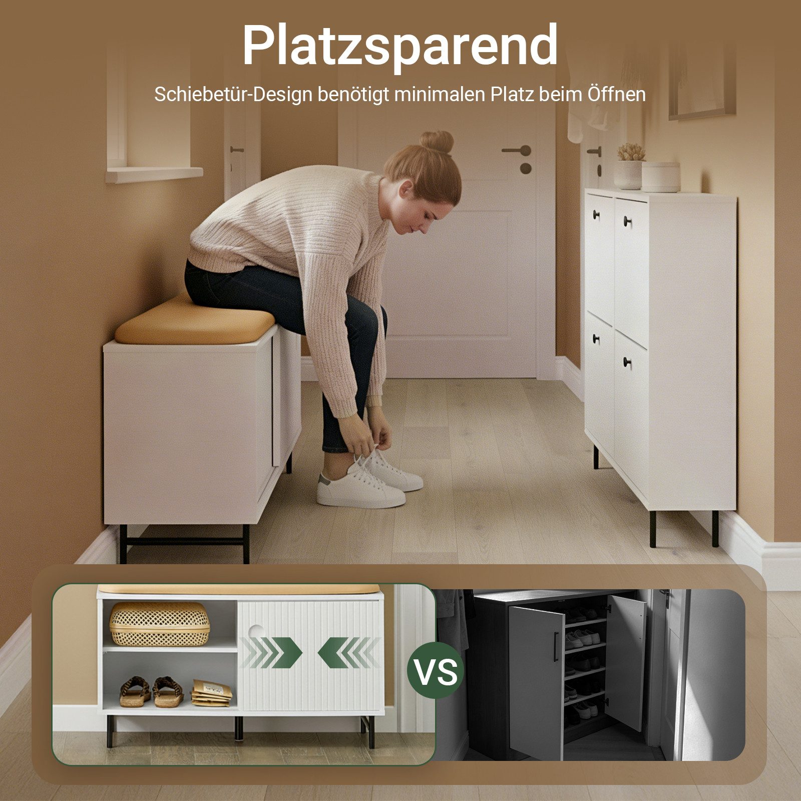 SoBuy Schuhbank FSR116, mit Sitzfläche und Schiebetüren Sitzbank mit Stauraum Dielenbank – Bild 5 von 5