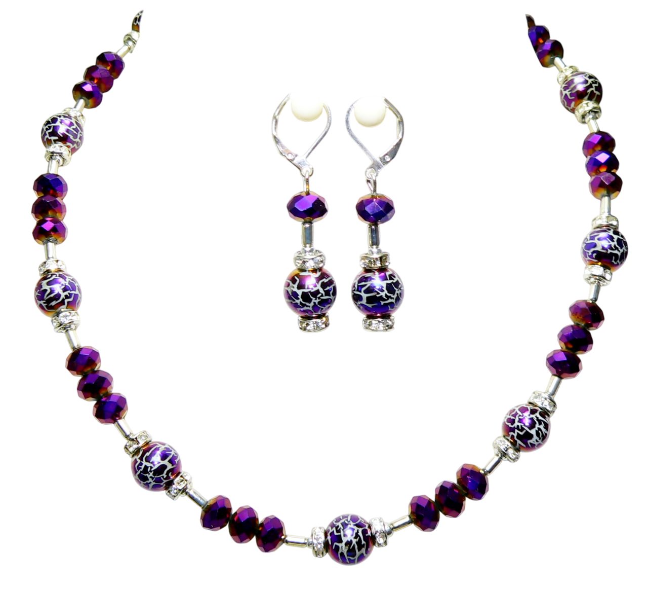 traumschmuck Schmuckset 156b Schmuckset Halskette Ohrringe Perlen Glas Krakelee Lila Strass (incl. Schmuckbox), handgefertigt, Made in Germany