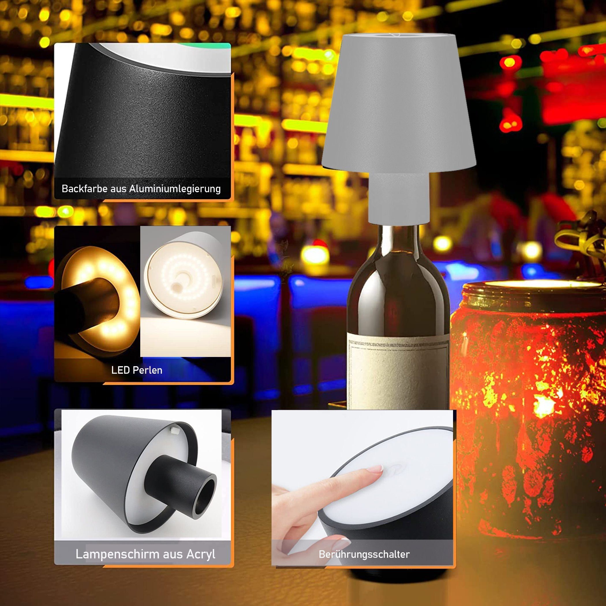 KUGI LED Nachttischlampe LED Akku Bar-Restaurant-Atmosphärenlicht,Weinkopf-Nachtlicht,Kabellos Flaschenlampe grau Dimmbare 3000K-4500K-6000K,Tischleuchte RGB, Kabellos, Tischleuchte