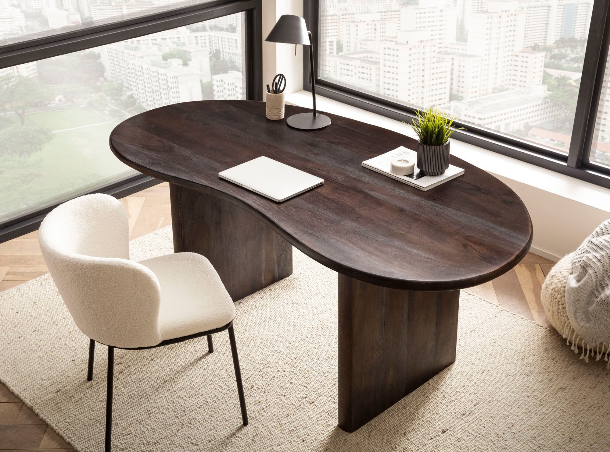 FINEBUY Schreibtisch FB66313 Computertisch 180 cm Massivholz Bürotisch Nierenform (180x90x75 cm Akazie Massivholz, Holztisch Retro), Computertisch Home Office, Bürotisch Nierenform