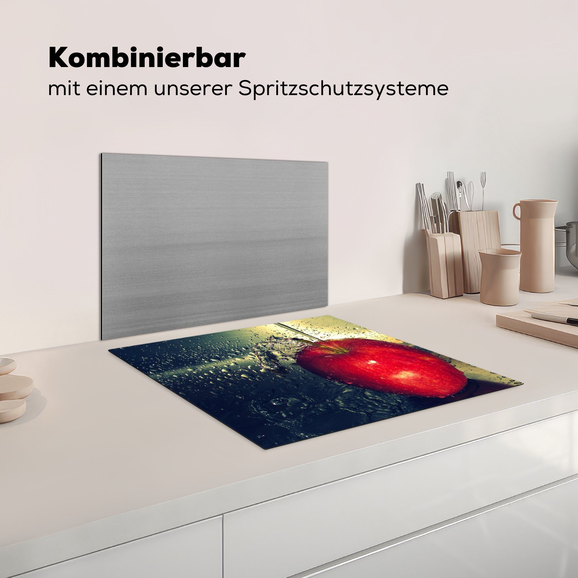 küche, tlg), 59x52 Apfel die Wasser, Herdblende-/Abdeckplatte Induktionsmatte - - Ceranfeldabdeckung cm, für Vinyl, Rot (1 MuchoWow