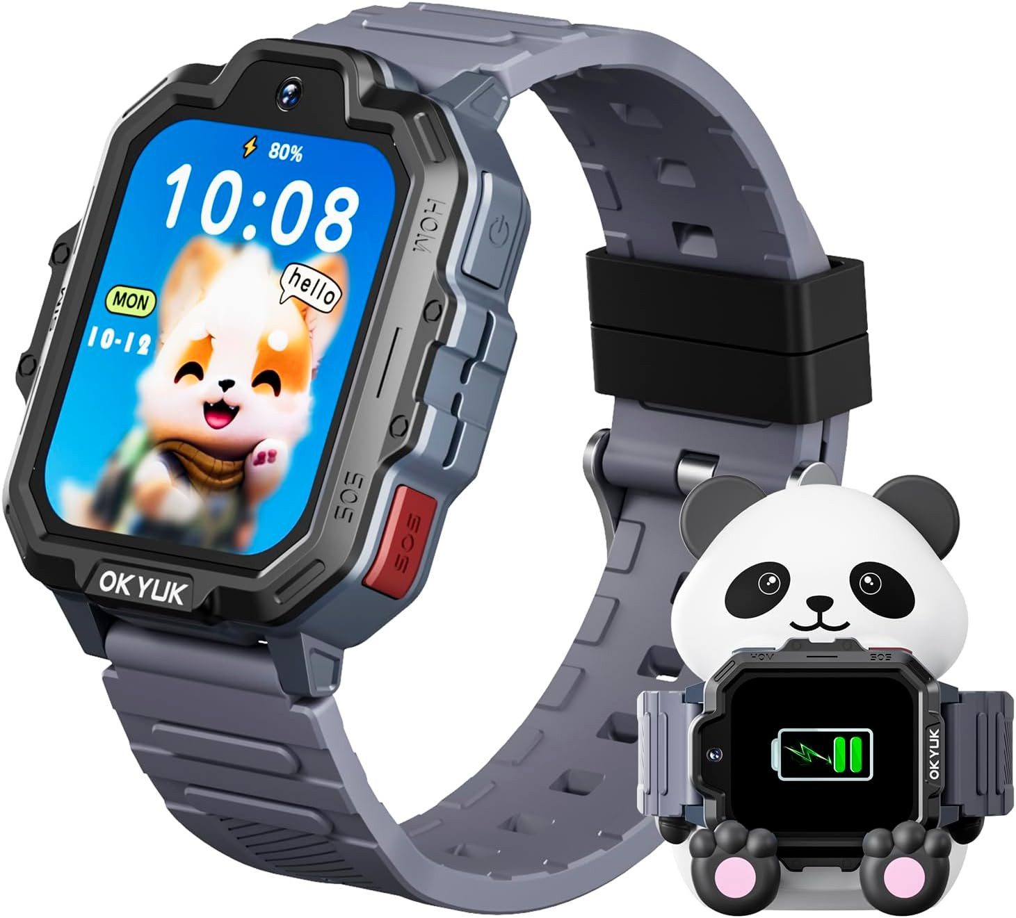 OKYUK ‎ T17 Smartwatch (4,6 cm, sim karte), Kinder-Smartwatch mit 4G-Videoanruf, GPS und Panda-Ladestation