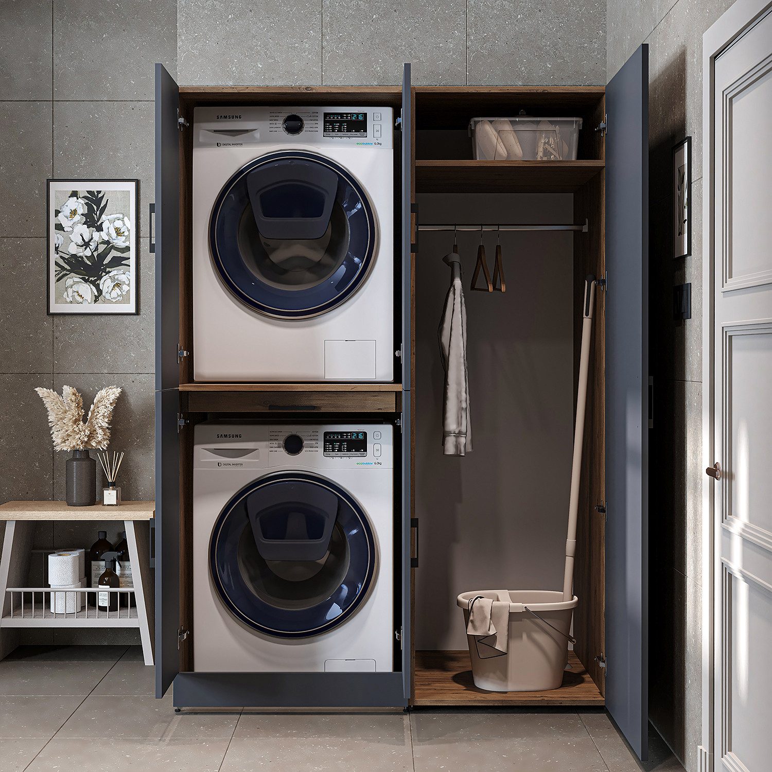 Roomart Waschmaschinenumbauschrank DORA 130 cm – Schrankkombination für Waschmaschine und Trockner (Waschmaschinenschrank DORA für Trockner & Waschmaschine in 4 Farben) Soft-Close, Ausziehplatte für Wäschekorb, Hochschrank, 4 Farben