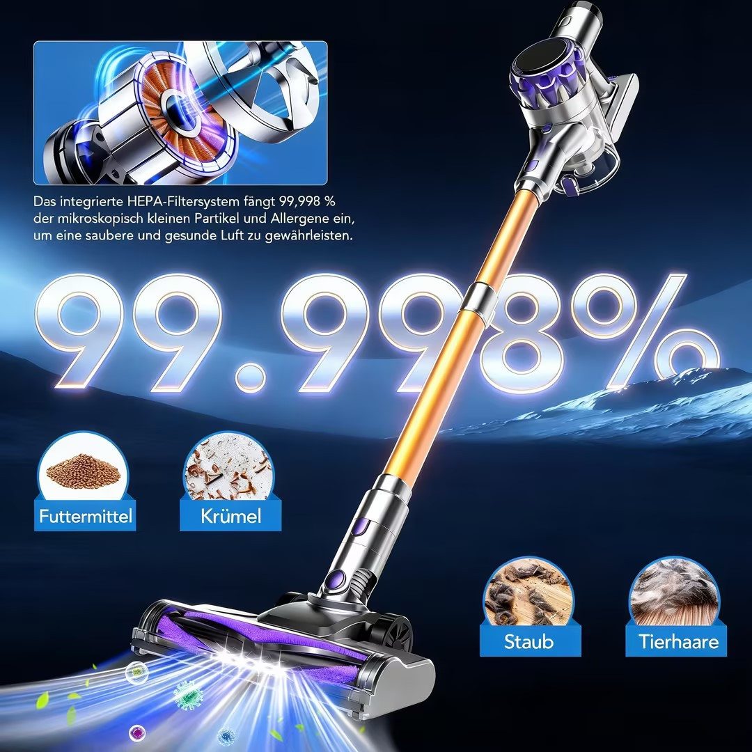 VacniQ Akku-Hand-und Stielstaubsauger Akku Staubsauger Kabellos 68Kpa 55min Laufzeit, 65dB,für Tierhaare, 300 W, Kabelloser Handstaubsauger für Trockenbetrieb, 6-fach Hochleistungsfilter, Zubehör inklusive, Handstaubsauger