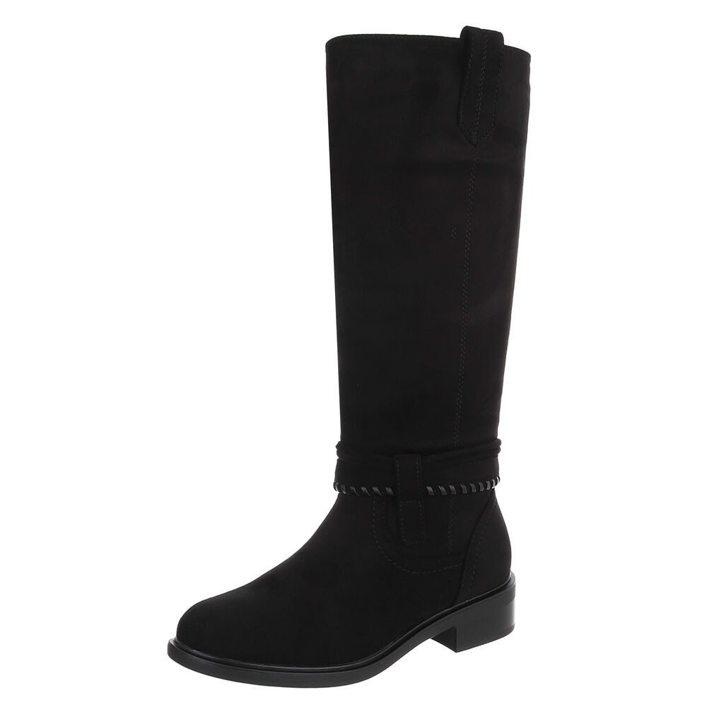 Ital-Design Damen Langschaftstiefel mit Blockabsatz und Zierdetails Stiefel (92355148) Blockabsatz Flache Stiefel in Schwarz