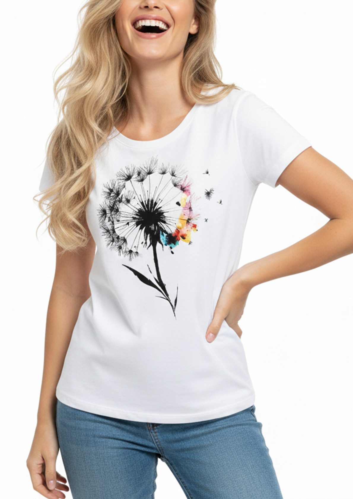 MAKAYA T-Shirt Damen Top mit Pusteblume – Boho Blumenprint Floraler Look (Weiß, S, M, L, XL) Baumwolle – Bild 3 von 5
