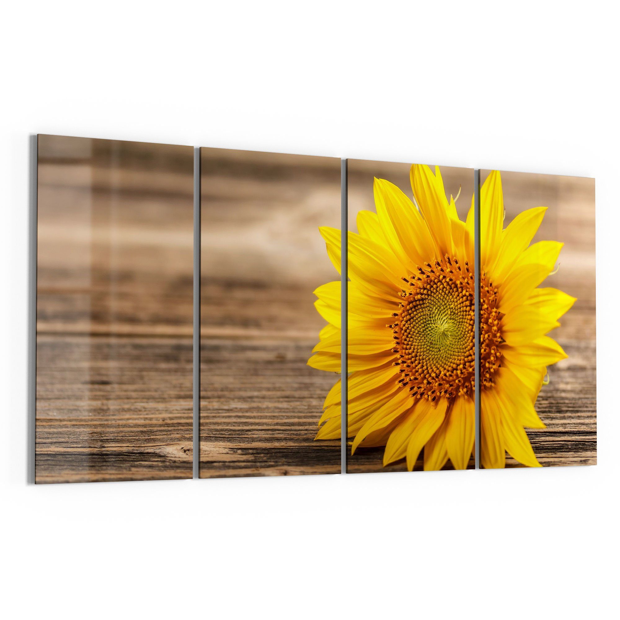 DEQORI Glasbild 'Sonnenblume auf Holz', 'Sonnenblume auf Holz', Glas Wandbild Bild schwebend modern