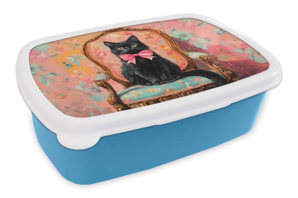 MuchoWow Lunchbox Katze - Rosa - Stuhl mit Blumenmuster, Kunststoff, (2-tlg), Brotdose, Lunchbox, Brotbox für Kinder und Erwachsene