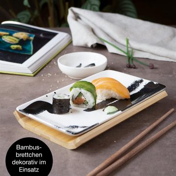 Moritz & Moritz Tafelservice Moritz & Moritz Gourmet - Sushi Set 10 teilig Pinselstriche schwarz (8-tlg), 2 Personen, Porzellan, Geschirrset für 2 Personen