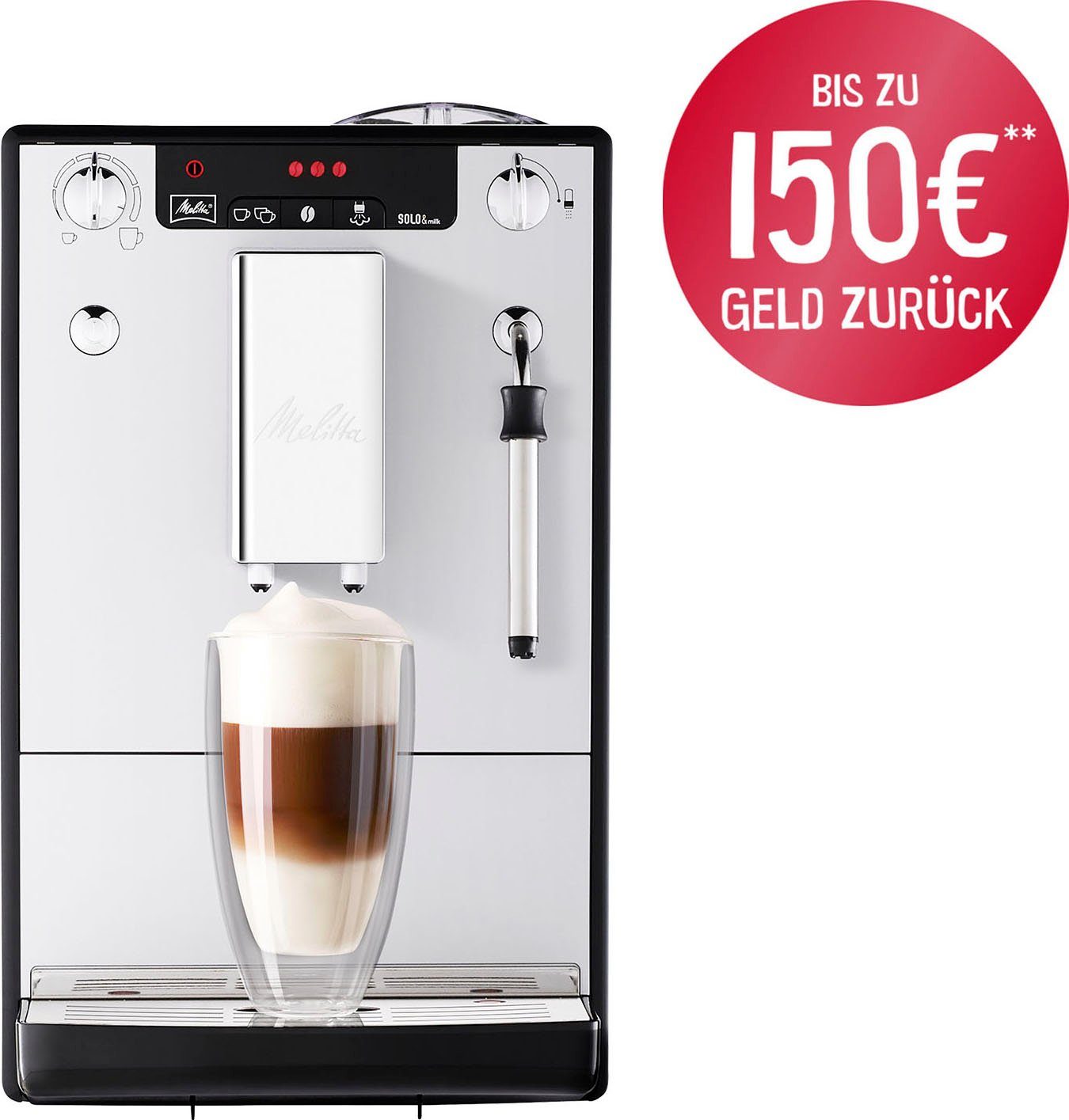 Melitta Kaffeevollautomat Solo® & Milk E953-202, silber/schwarz, Café crème & Espresso per One Touch, Düse für Milchschaum