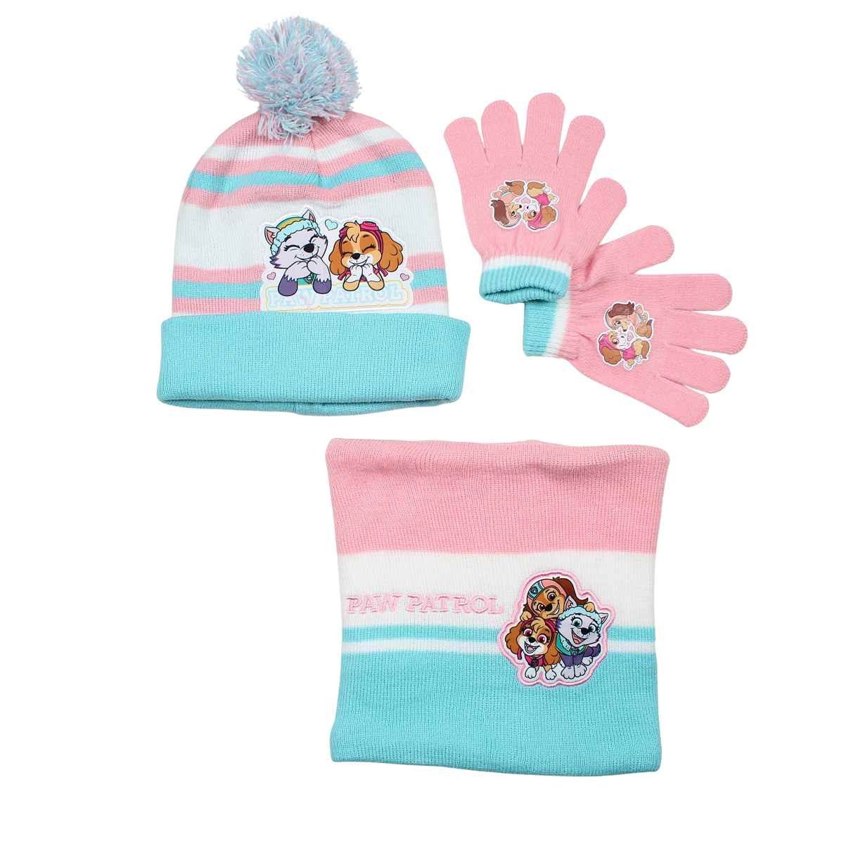 PAW PATROL Bommelmütze Paw Patrol Skye Liberty Kinder 3tlg Wintermütze plus Handschuhe Snood Gr. 54
