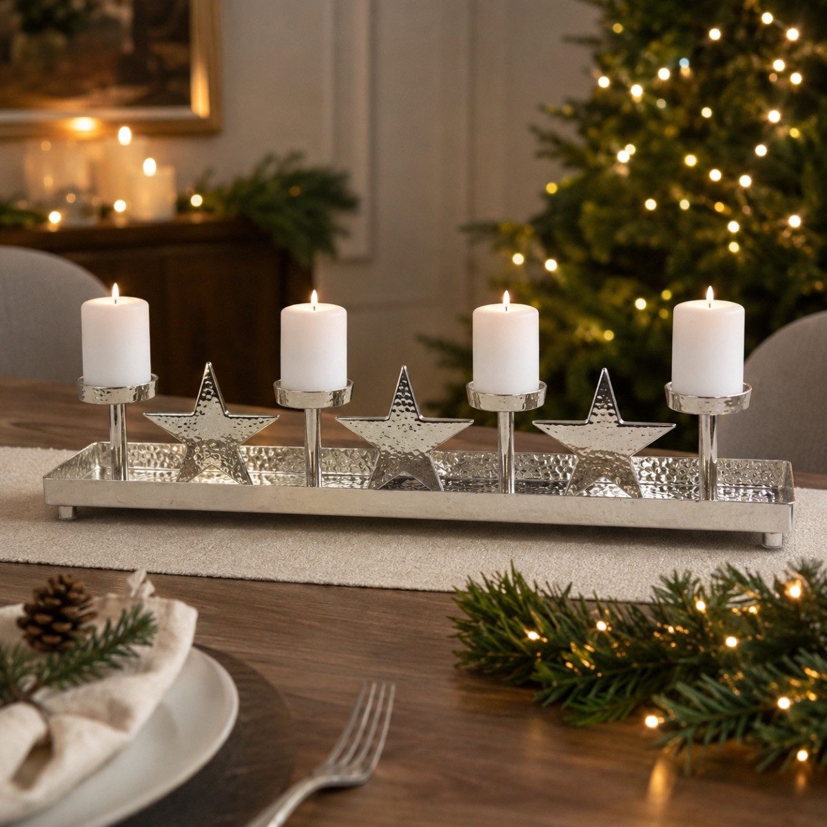 RIFFELMACHER & WEINBERGER Adventsleuchter Silberner Adventskerzenhalter mit Sternen 70x11x12