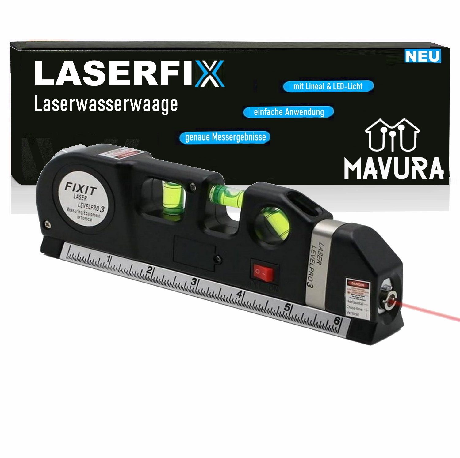 MAVURA Laserwasserwaage LASERFIX Laser Wasserwaage 4-in-1 Lasermessgerät, Kreuzlinienlaser Entfernungsmesser Maßband