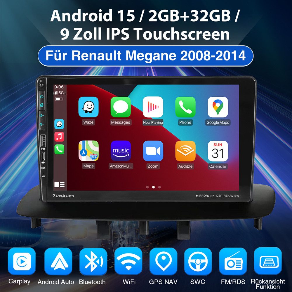 ESSGOO Für Renault Megane II 2002-2009 Android 15 2DIN USB Autoradio (RDS, Digitalradio (DAB), FM, 4+64GB optiona, AM, Carplay Android Auto SWC WIFI BT)