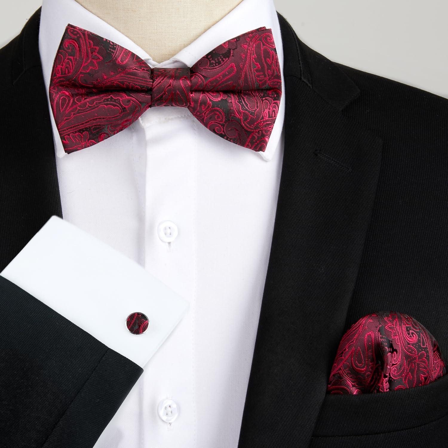 LuxusKollektion Fliege Fliege Herren Paisley Einstecktuch Manschettenknöpfe Set A2 Bordeaux – Bild 4 von 5