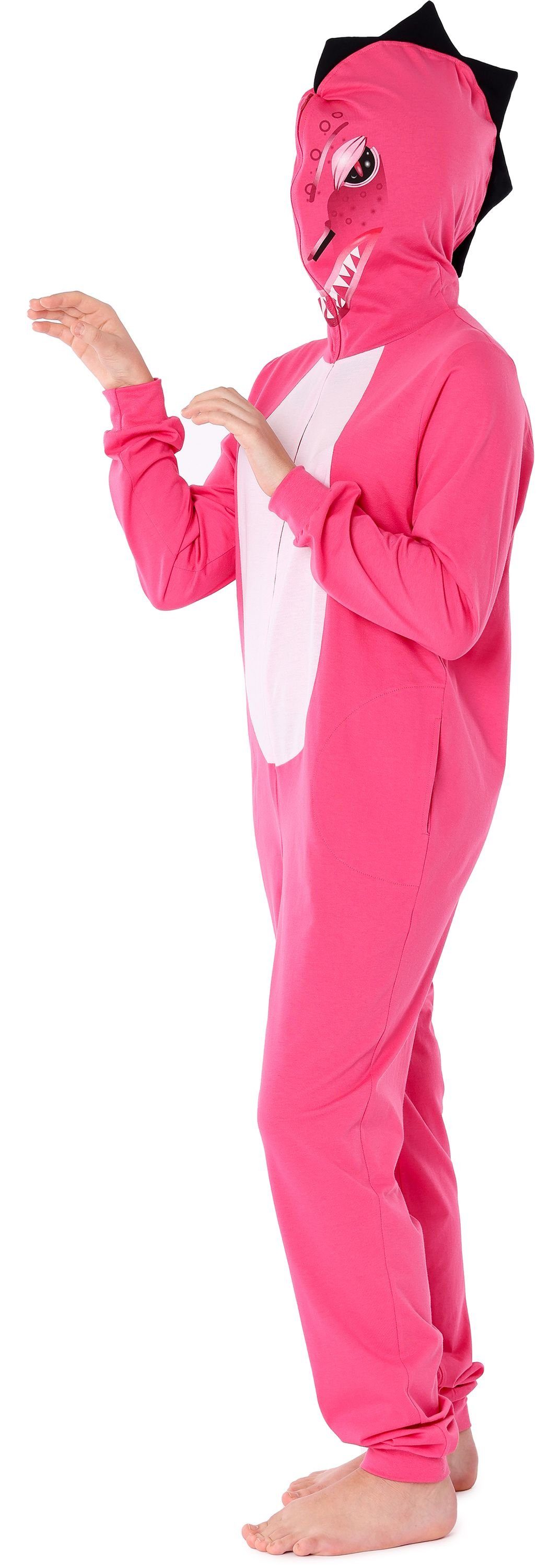 mit Baumwolle mit Schlafanzug Kapuze aus LA40-233 Dunkelrosa Kapuze Ladeheid Dino Tiermotiv Mädchen Schlafoverall