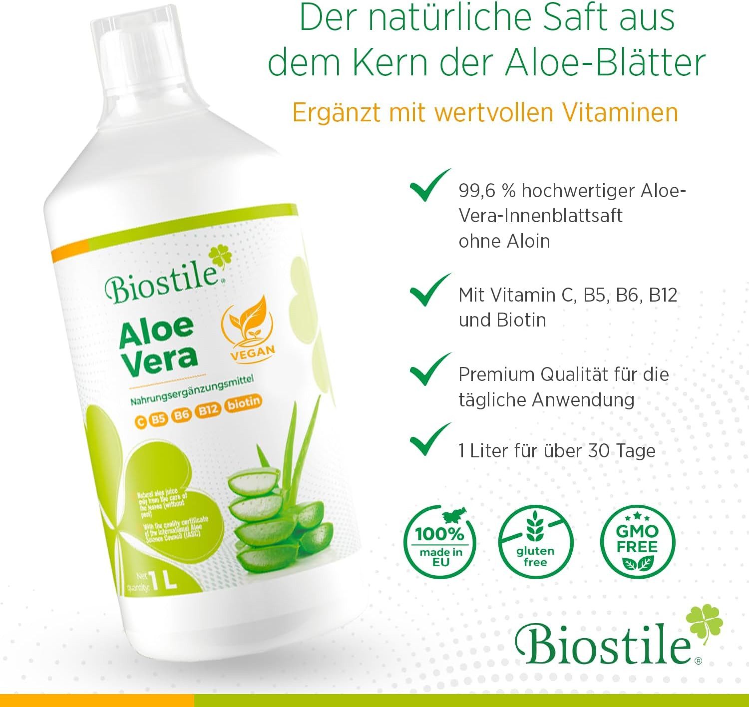 Biostile Aloe Vera mit Vitamin C und B-Vitaminen für Immunsystem, Natürlicher Saft, 1000 g, Aus frischem Blattgel handverlesener Aloe-Blätter, mit Biotin, 1 L