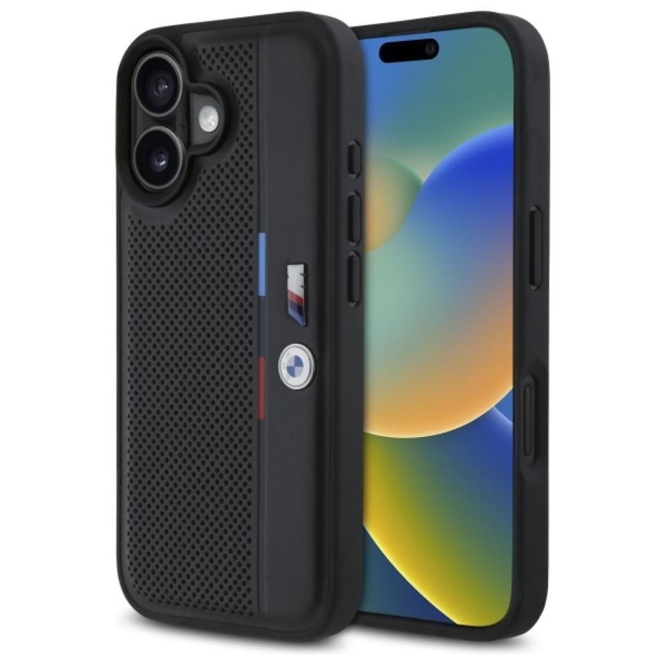 BMW Handyhülle iPhone 16 Tricolor Kunstleder gelocht schwarz 6,1 Zoll, Kantenschutz