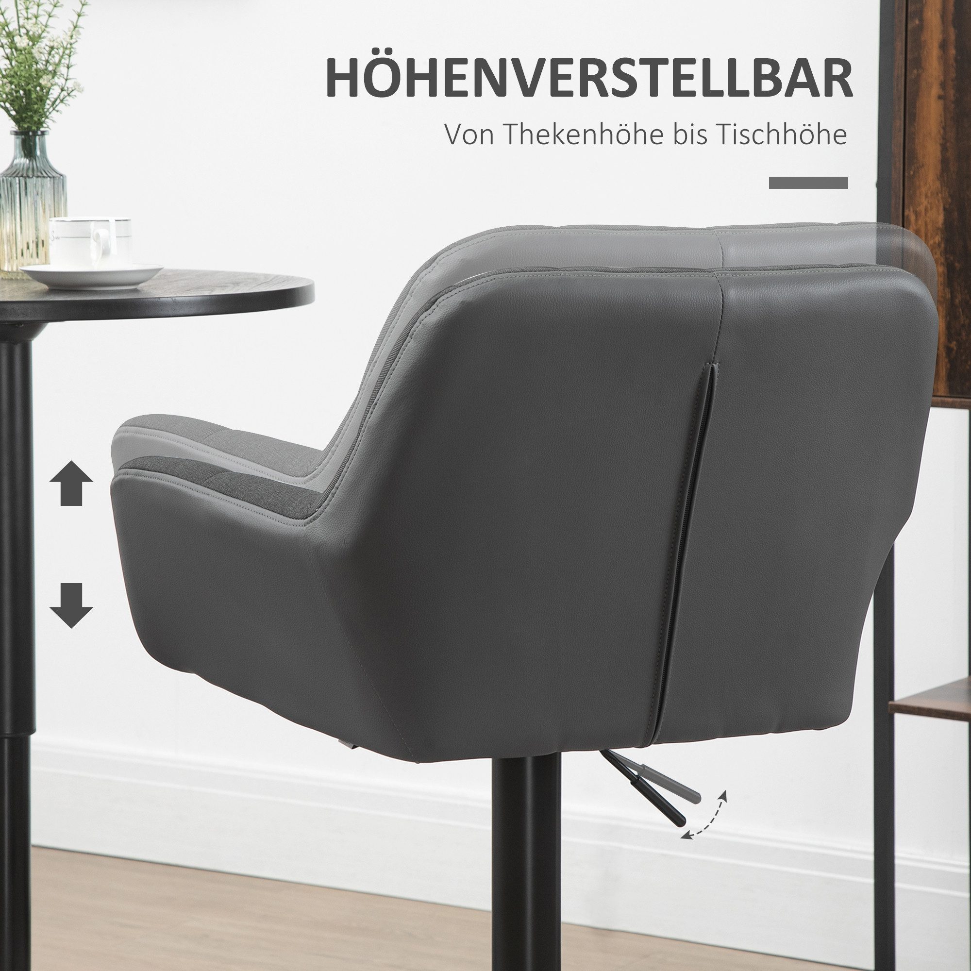 HOMCOM Barhocker Höhenverstellbar Küchenstühle mit Kunstleder, Lehne und Fußstütze (Bistrohocker, 2 St., Barstuhl), Grau 57,5 x 52,5 x 93-114 cm – Bild 5 von 5