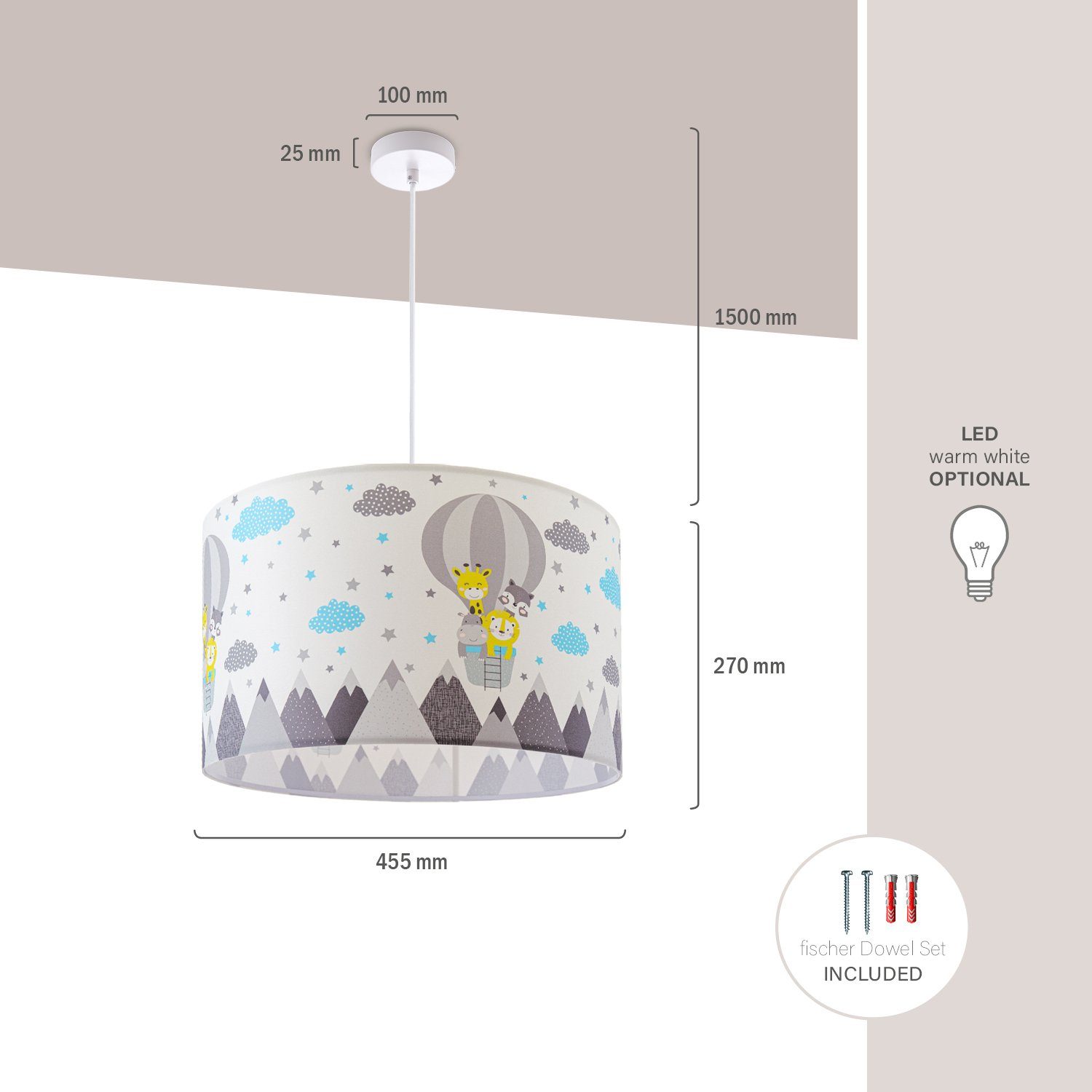 Kinderzimmer ohne Heißluftballon E27 Deckenlampe Tiere Leuchtmittel, Pendelleuchte Home Zoo Lampe Cosmo 343, Wolken Paco